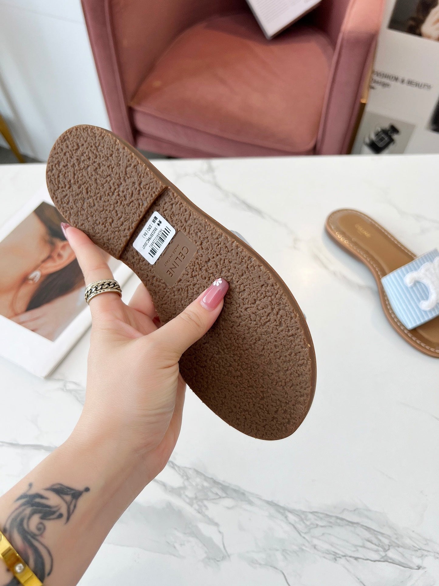Celine Celine 25C Slippers Baby Blue mix White Fabric with Calfskin 238165