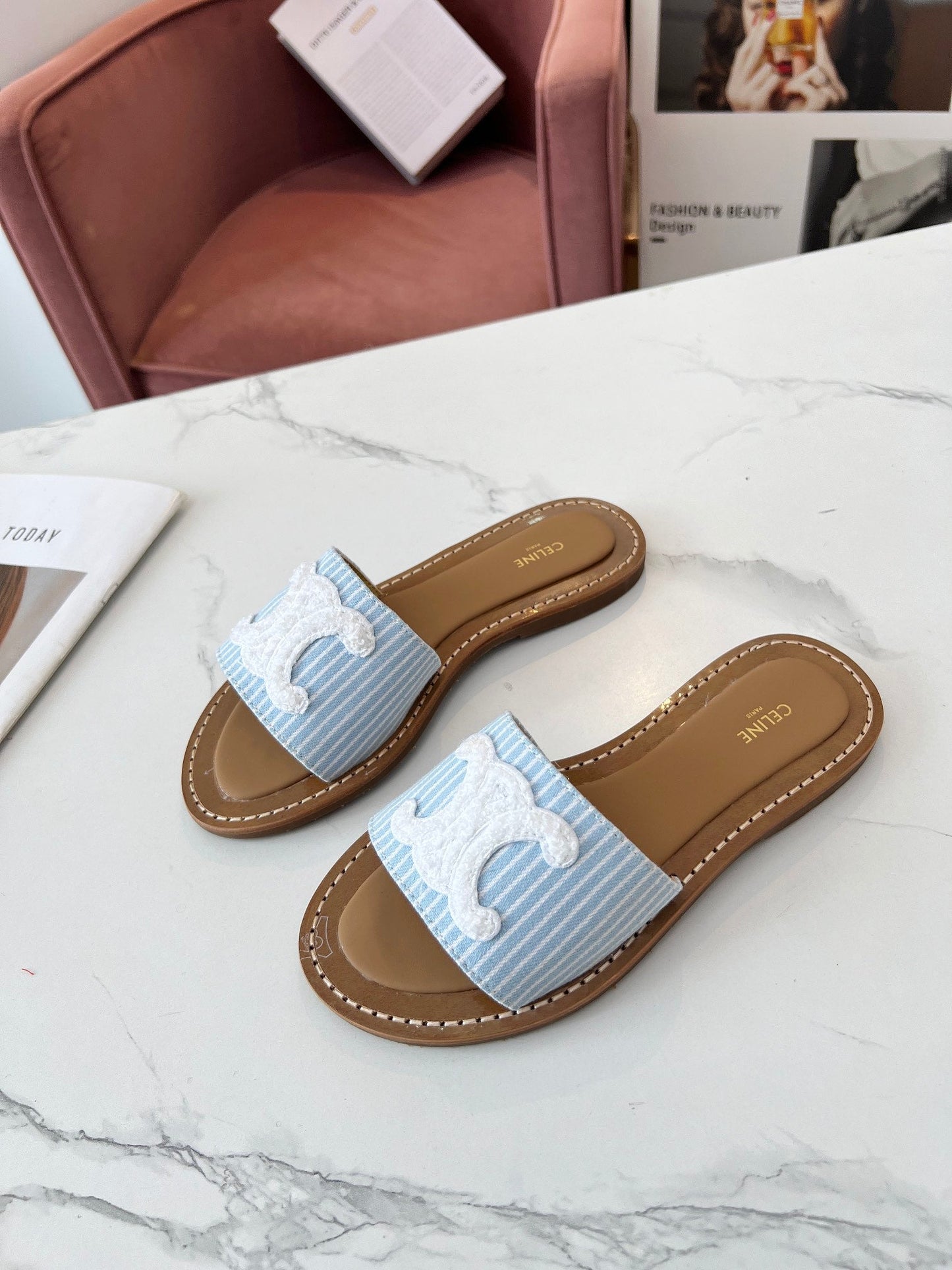 Celine Celine 25C Slippers Baby Blue mix White Fabric with Calfskin 238165