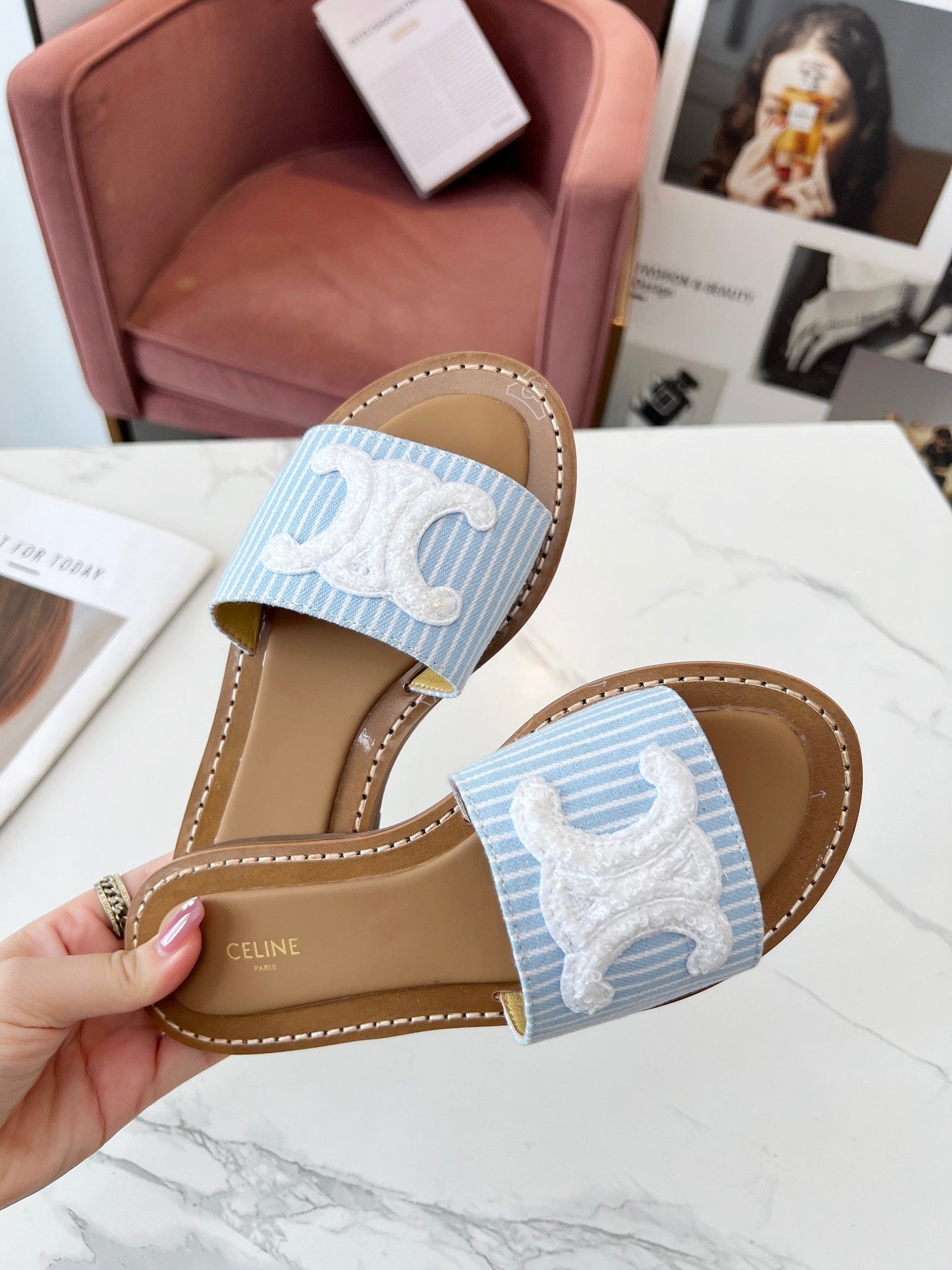 Celine Celine 25C Slippers Baby Blue mix White Fabric with Calfskin 238165