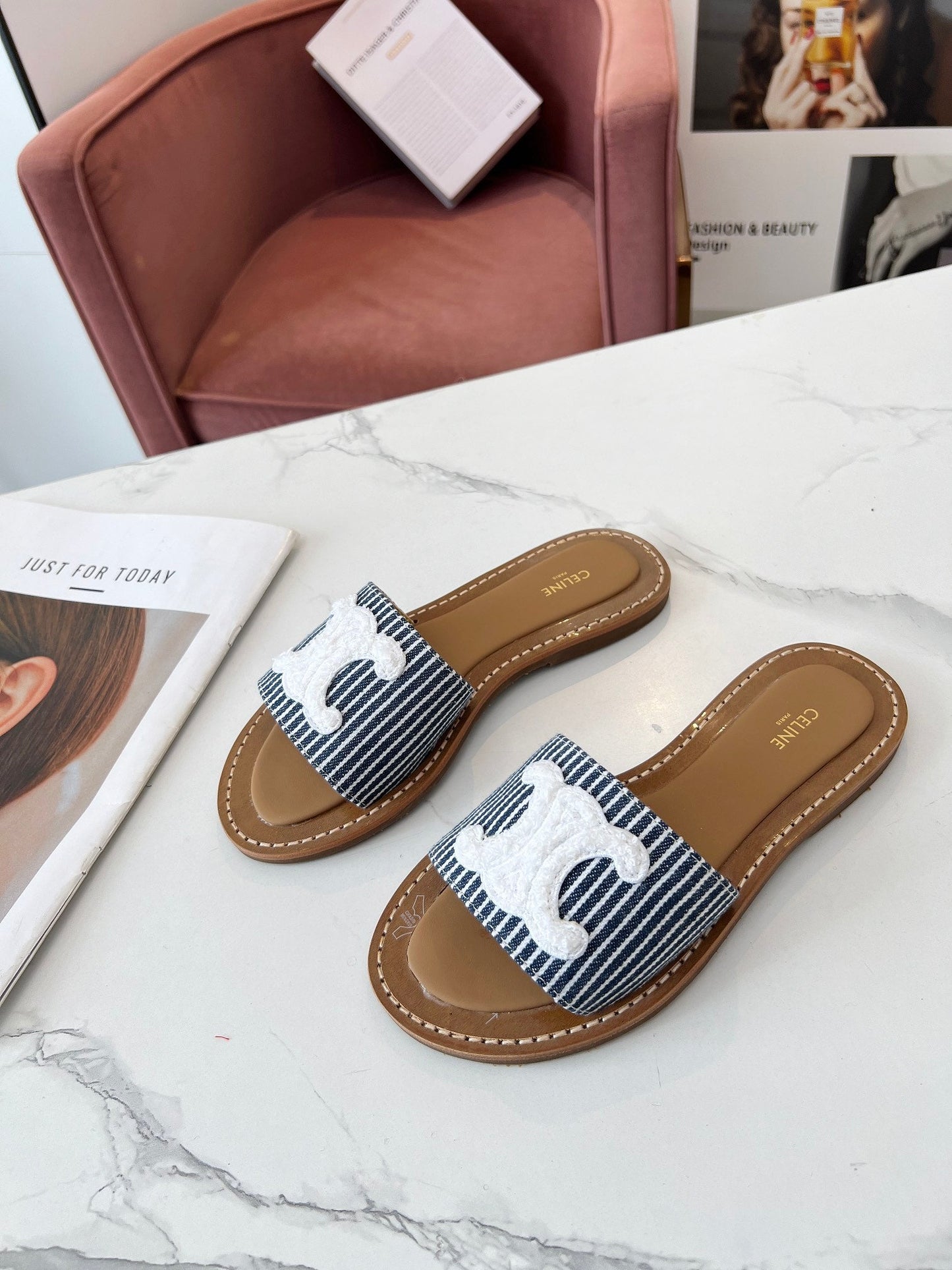 Celine Celine 25C Slippers Navy Blue mix White Fabric with Calfskin 238166