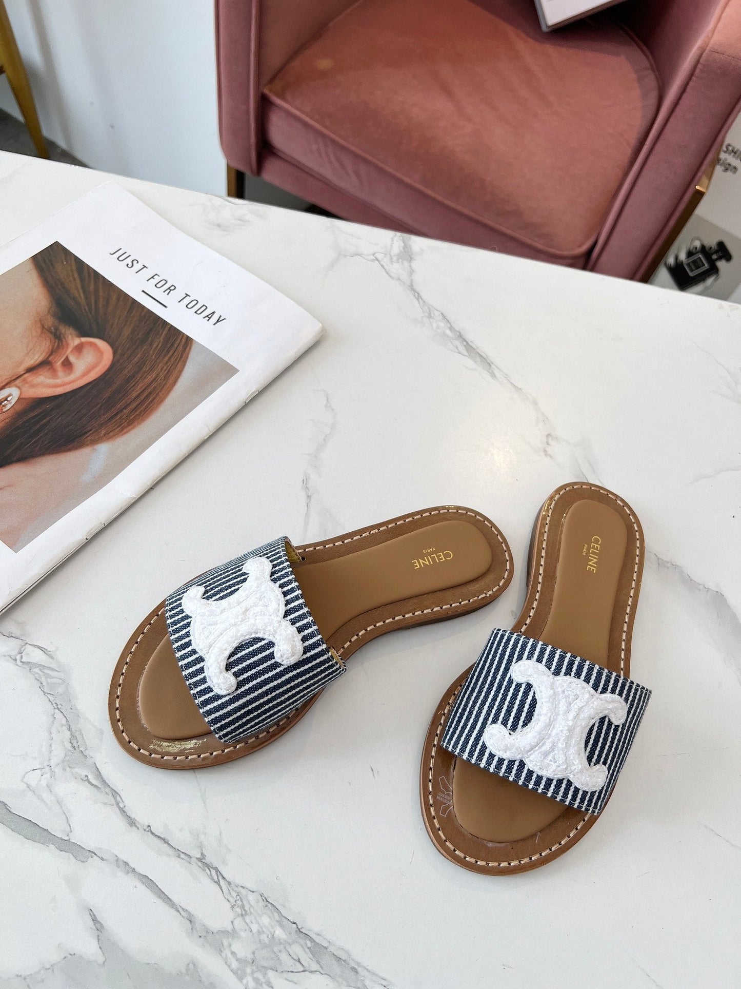 Celine Celine 25C Slippers Navy Blue mix White Fabric with Calfskin 238166