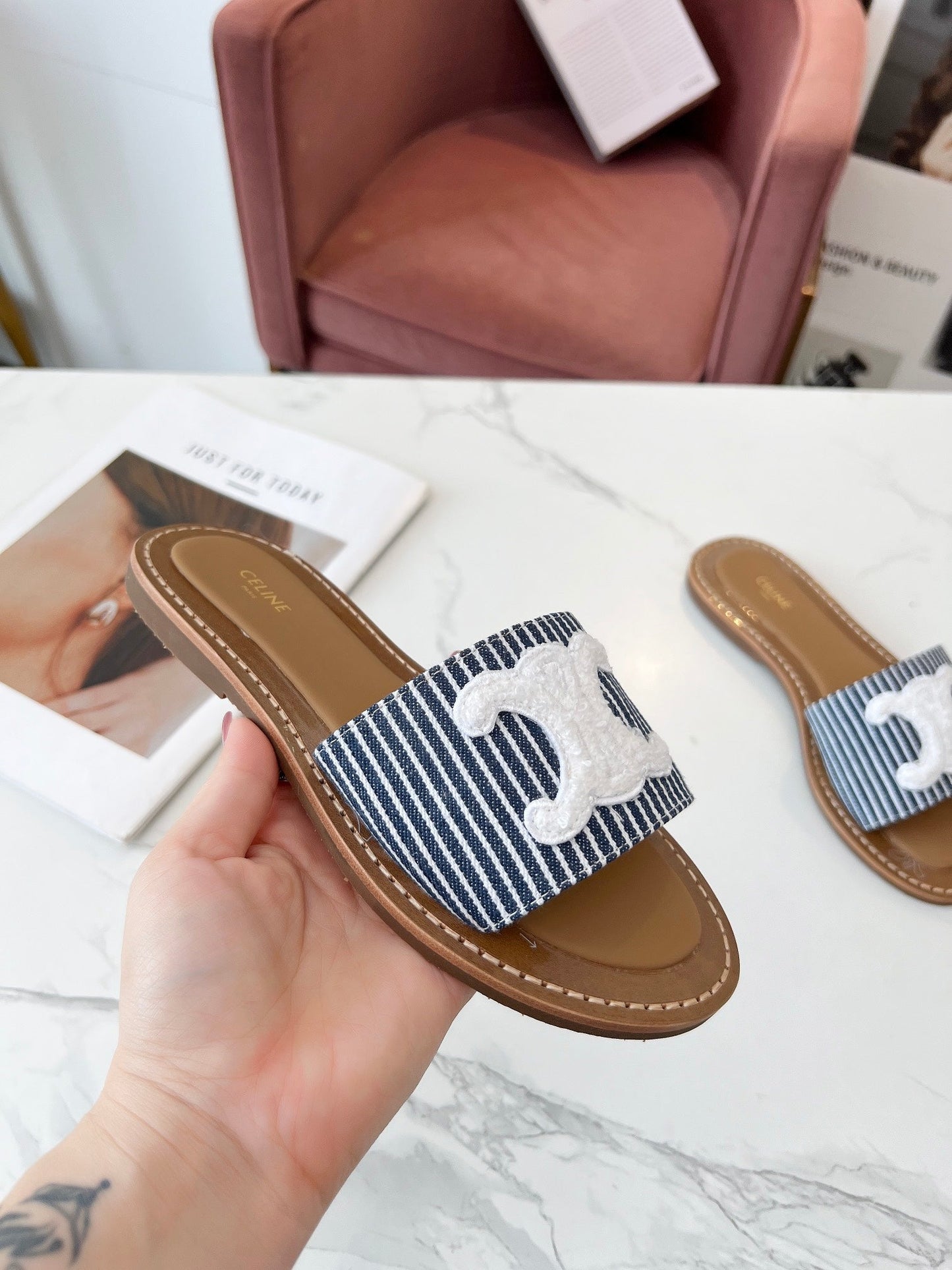 Celine Celine 25C Slippers Navy Blue mix White Fabric with Calfskin 238166