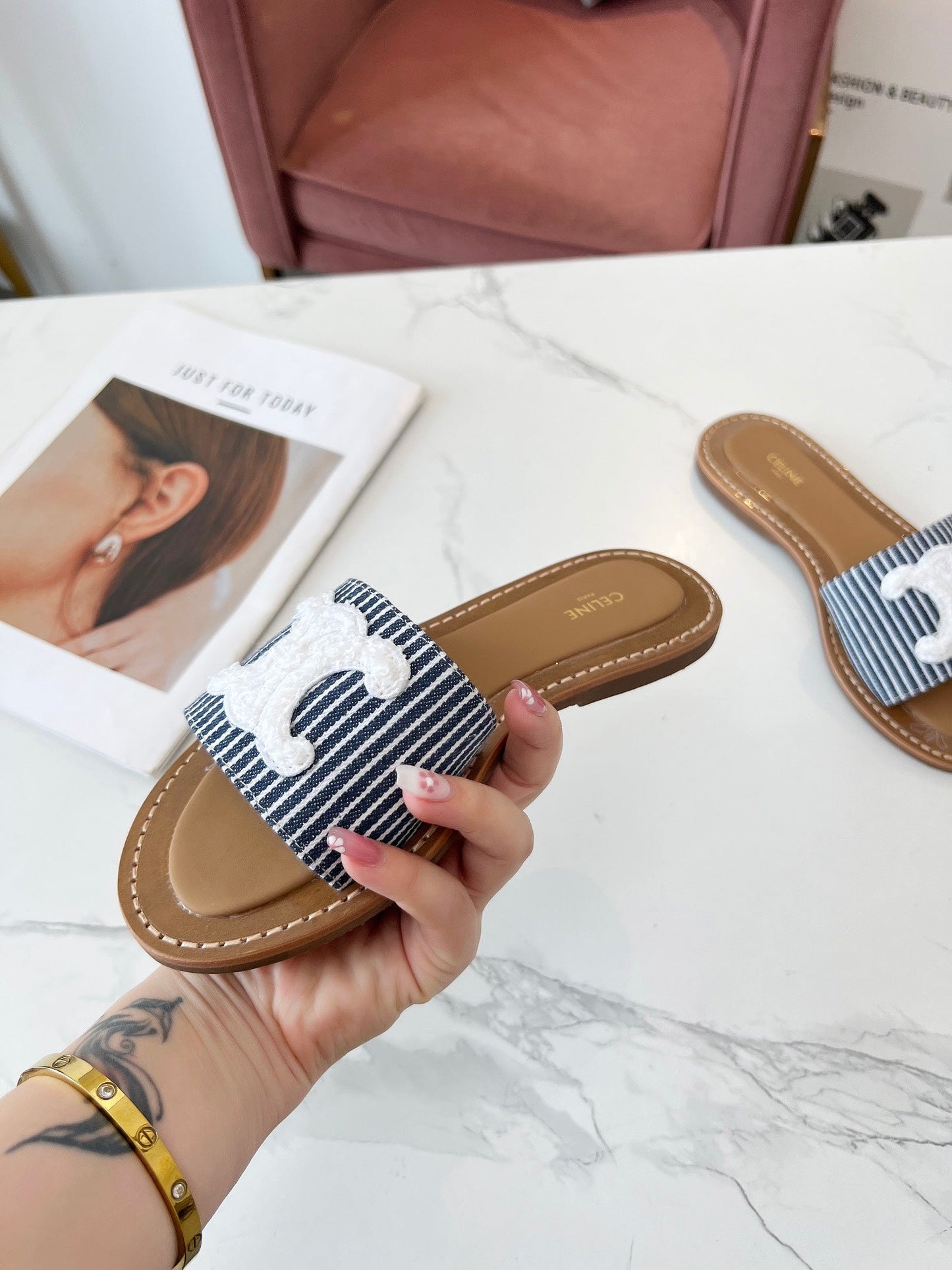 Celine Celine 25C Slippers Navy Blue mix White Fabric with Calfskin 238166