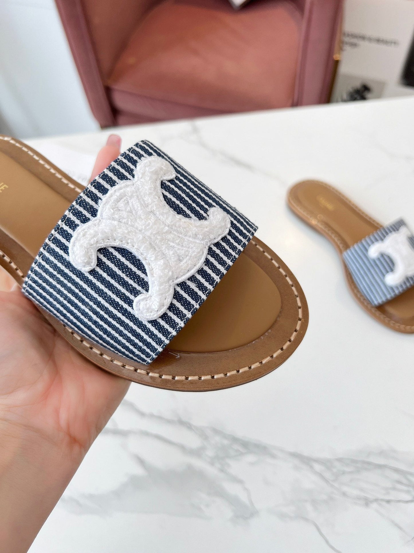 Celine Celine 25C Slippers Navy Blue mix White Fabric with Calfskin 238166