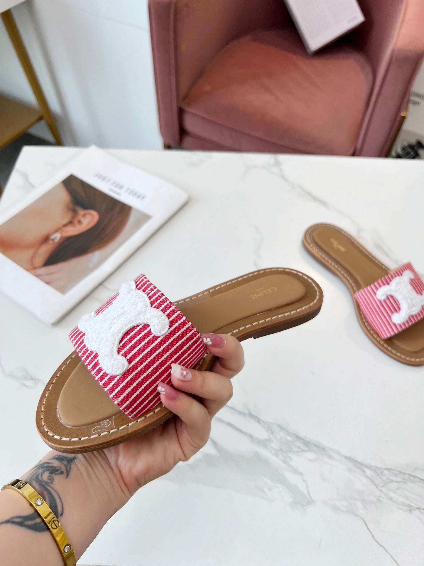 Celine Celine 25C Slippers Red mix White Fabric with Calfskin 238167