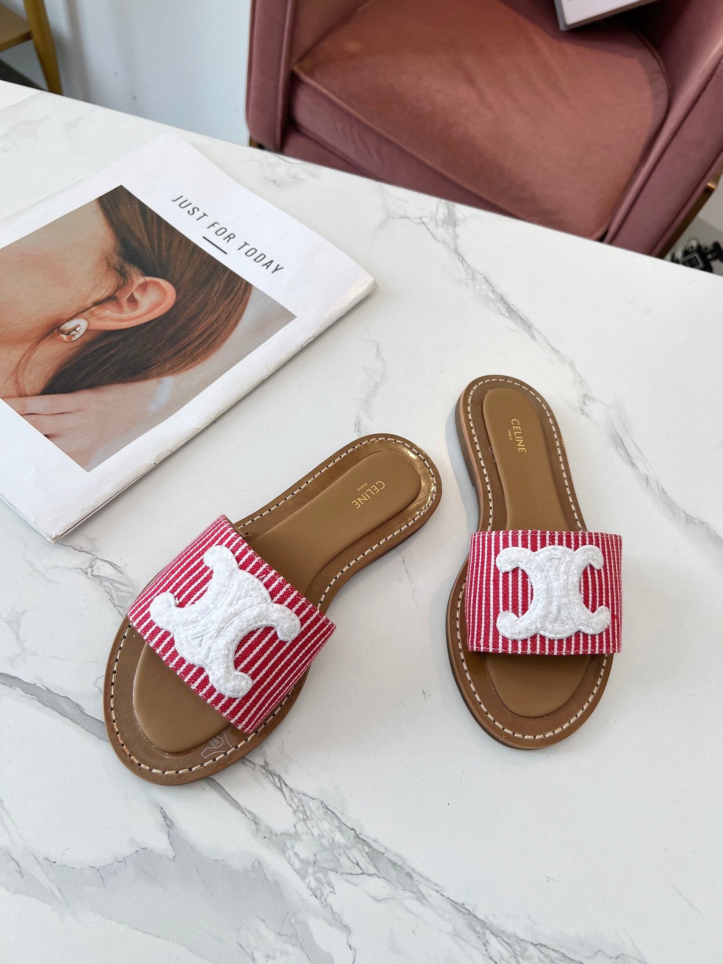 Celine Celine 25C Slippers Red mix White Fabric with Calfskin 238167