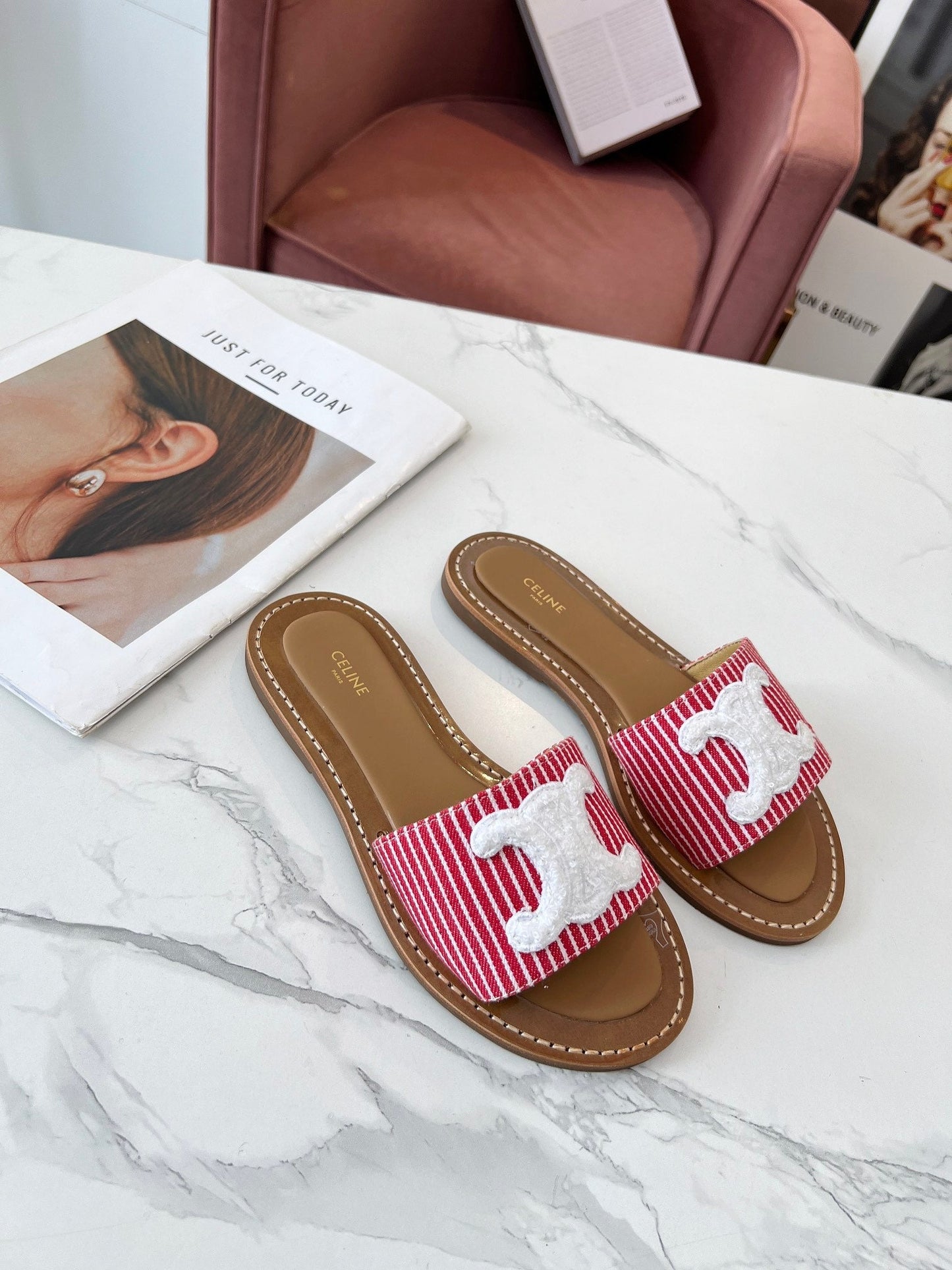 Celine Celine 25C Slippers Red mix White Fabric with Calfskin 238167