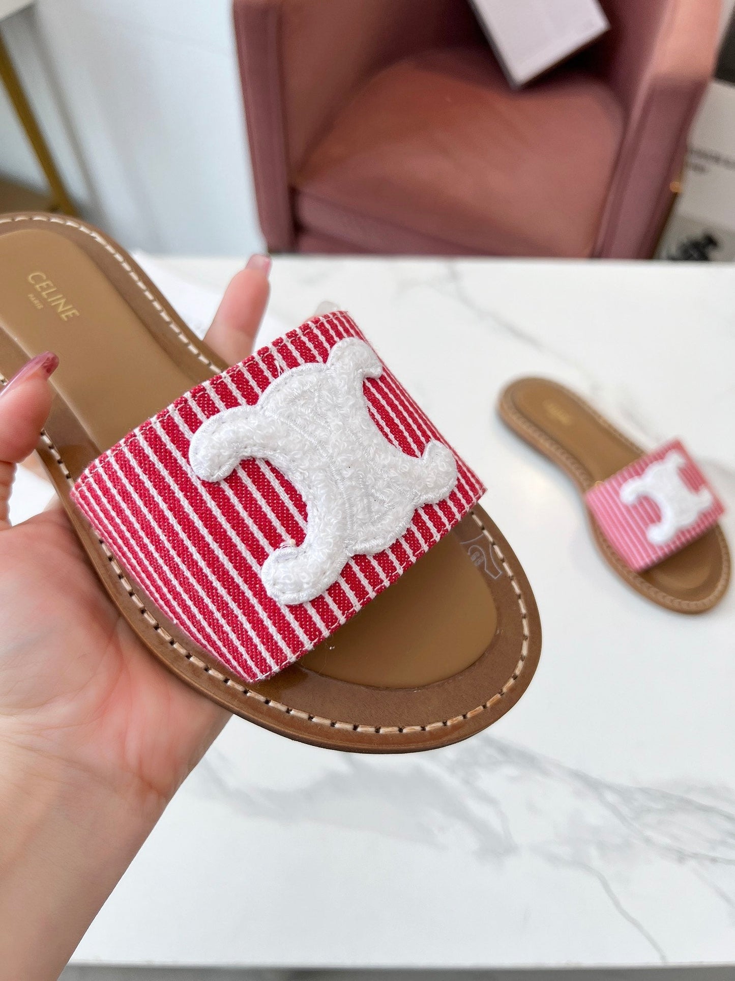 Celine Celine 25C Slippers Red mix White Fabric with Calfskin 238167