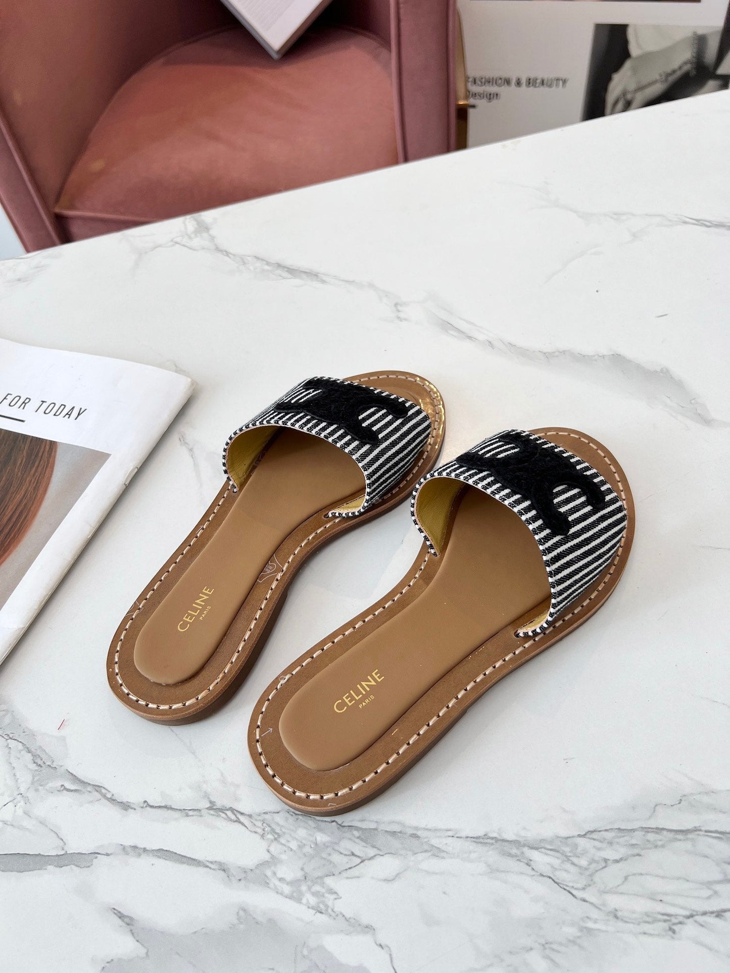 Celine Celine 25C Slippers Black Fabric with Calfskin 238168