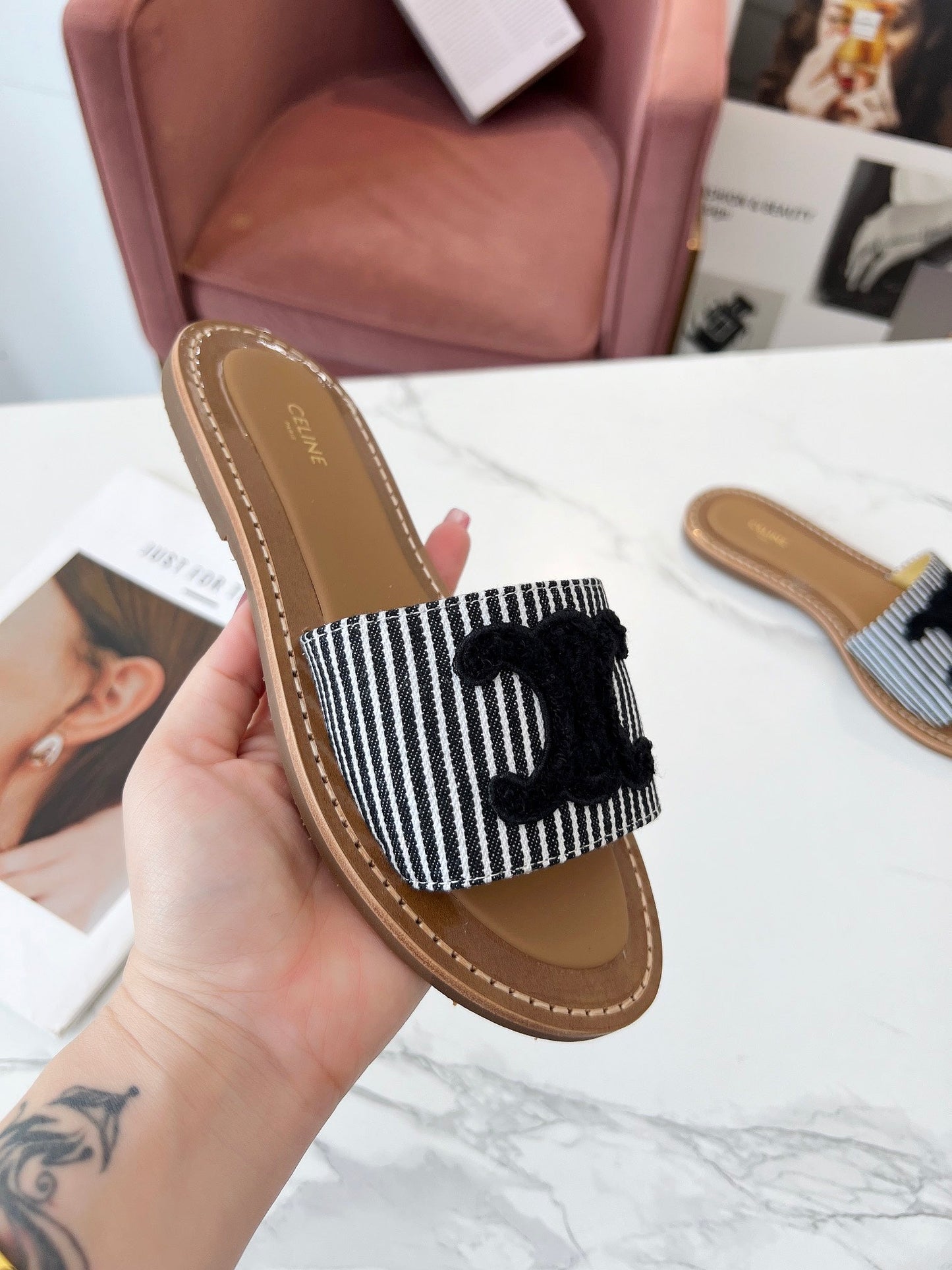 Celine Celine 25C Slippers Black Fabric with Calfskin 238168