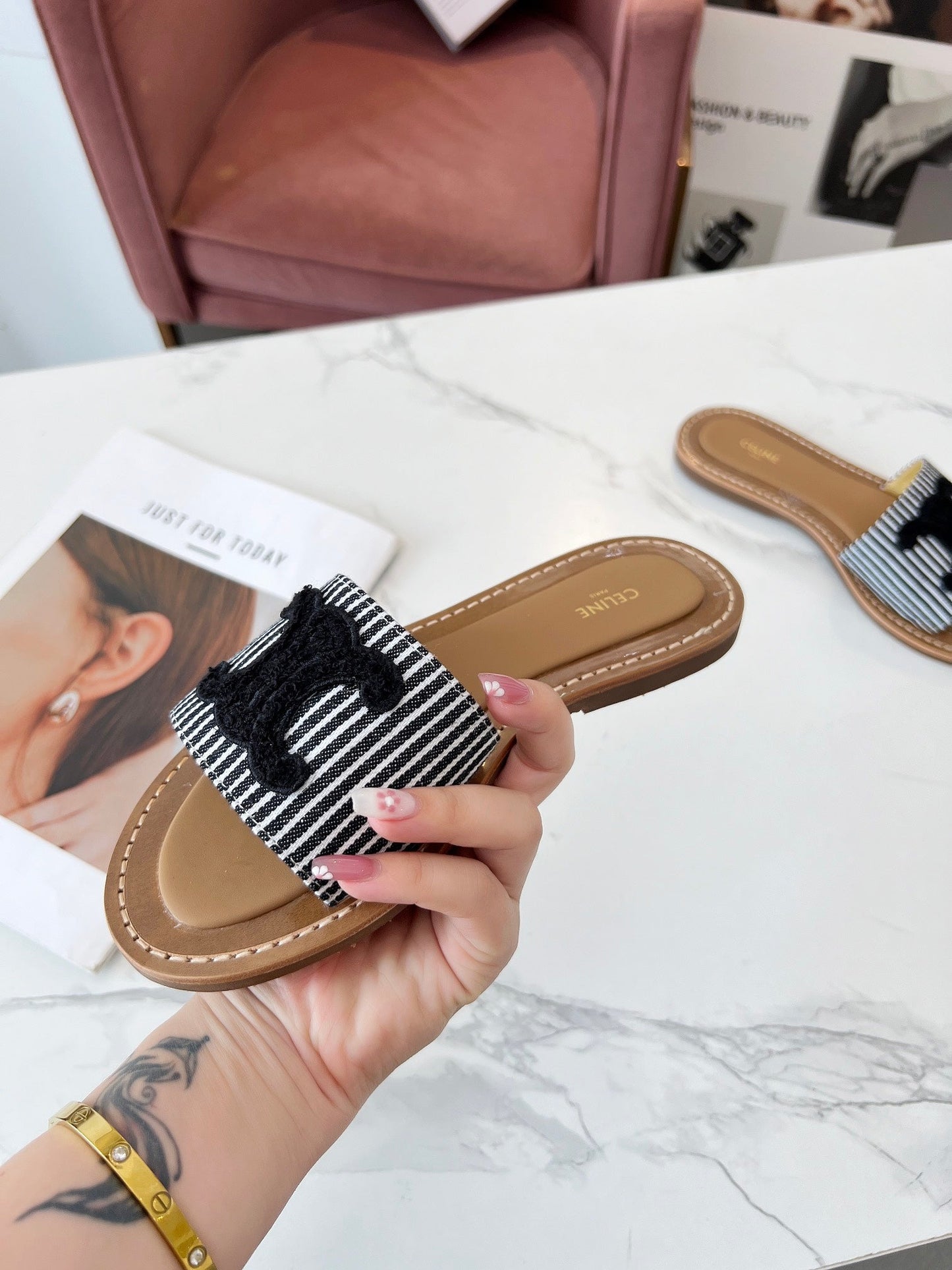 Celine Celine 25C Slippers Black Fabric with Calfskin 238168