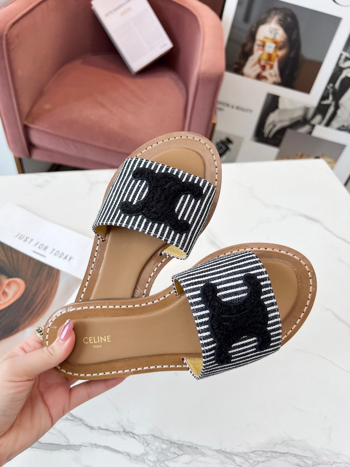 Celine Celine 25C Slippers Black Fabric with Calfskin 238168
