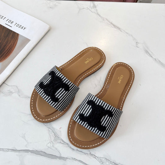 Celine Celine 25C Slippers Black Fabric with Calfskin 238168