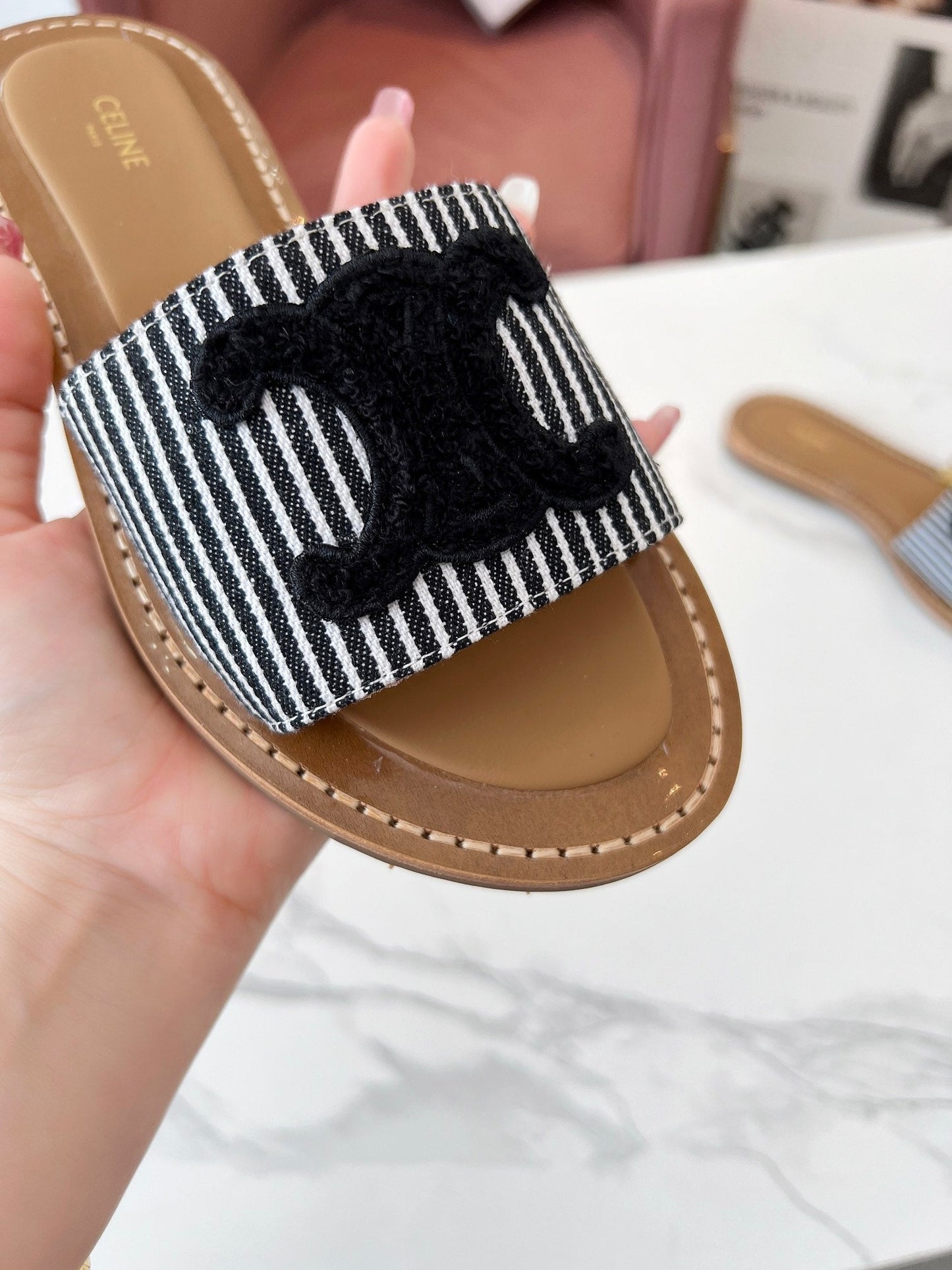 Celine Celine 25C Slippers Black Fabric with Calfskin 238168