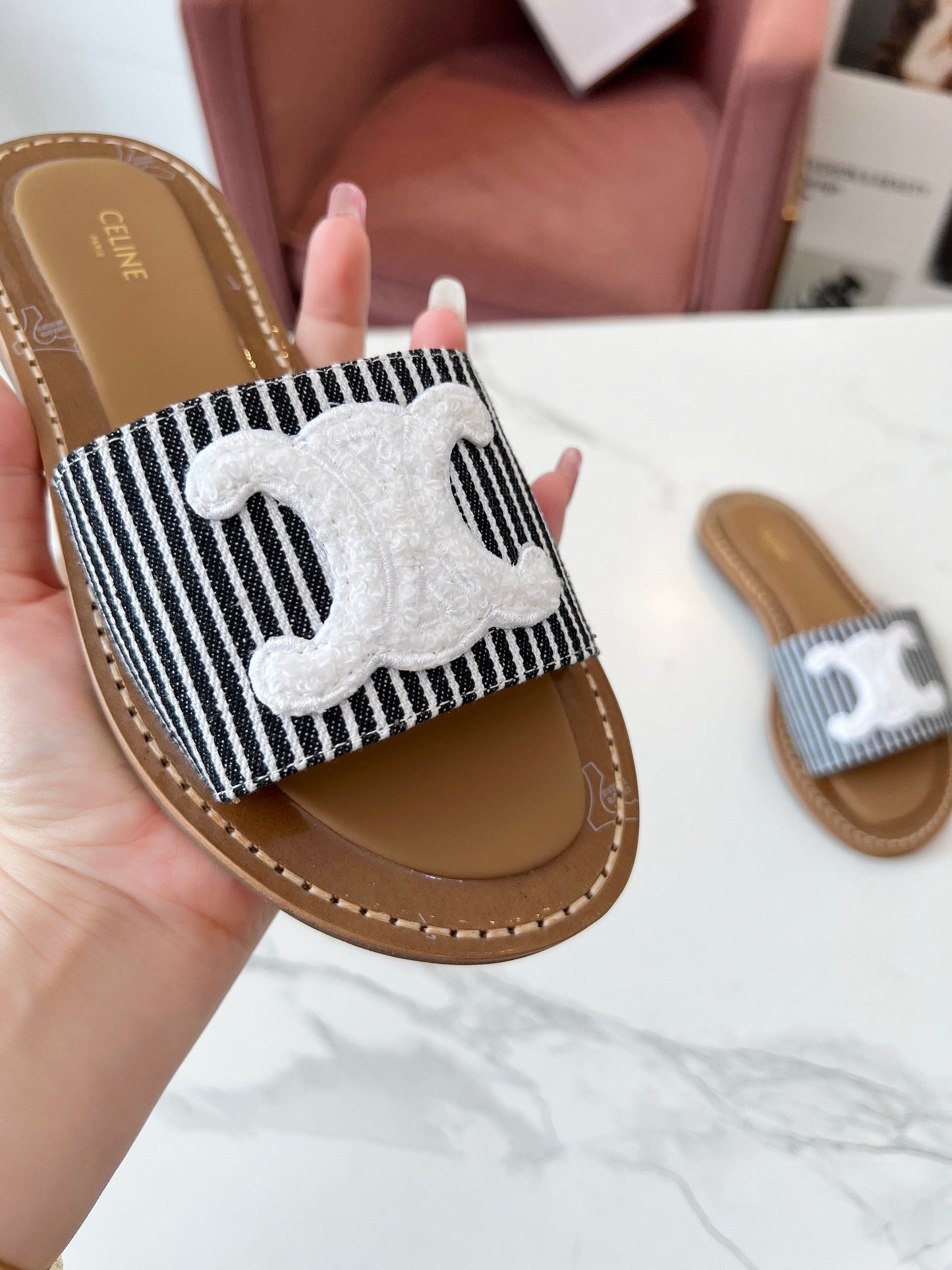 Celine Celine 25C Slippers Black mix White Fabric with Calfskin 238169