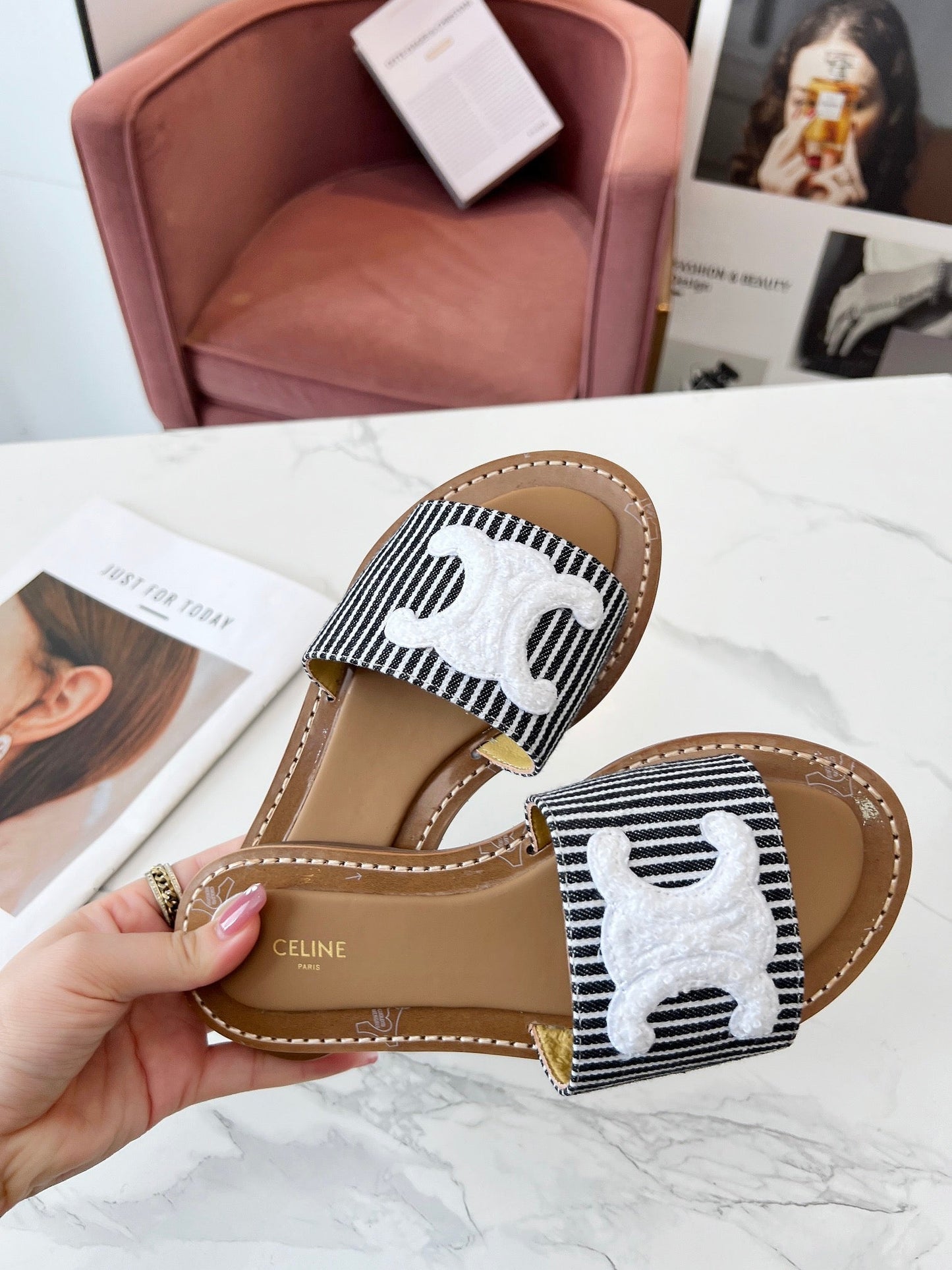 Celine Celine 25C Slippers Black mix White Fabric with Calfskin 238169