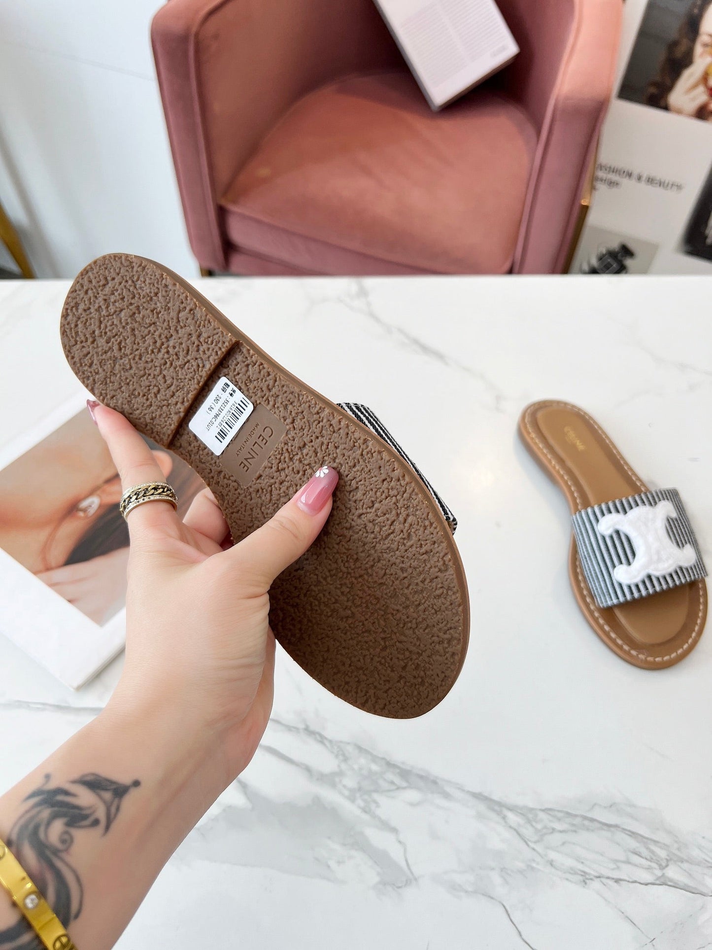 Celine Celine 25C Slippers Black mix White Fabric with Calfskin 238169