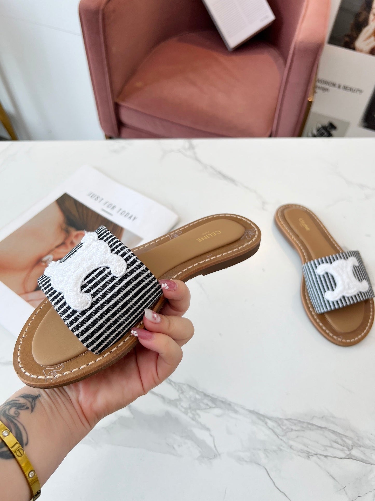 Celine Celine 25C Slippers Black mix White Fabric with Calfskin 238169