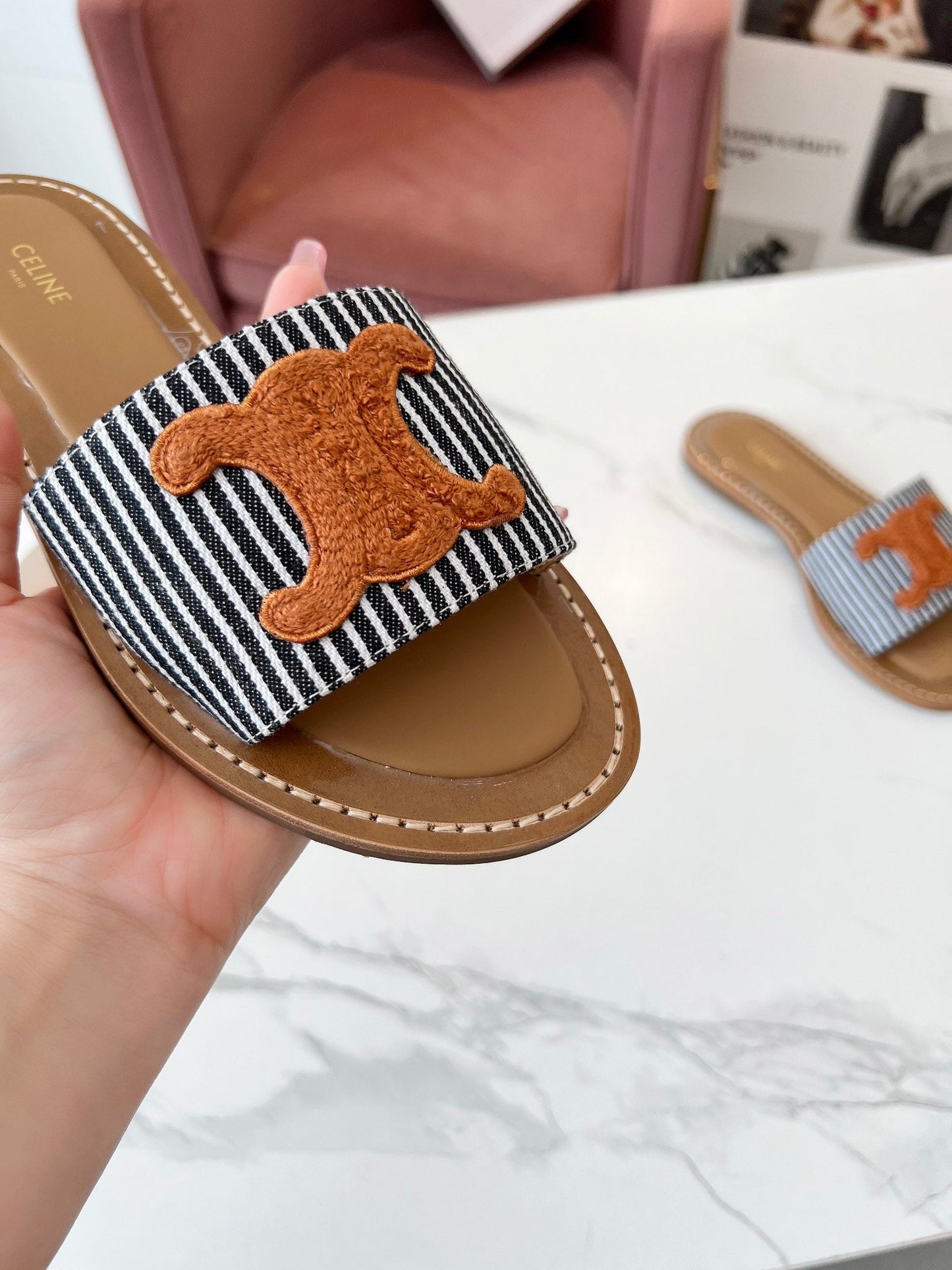 Celine Celine 25C Slippers Black mix Orange Fabric with Calfskin 238170