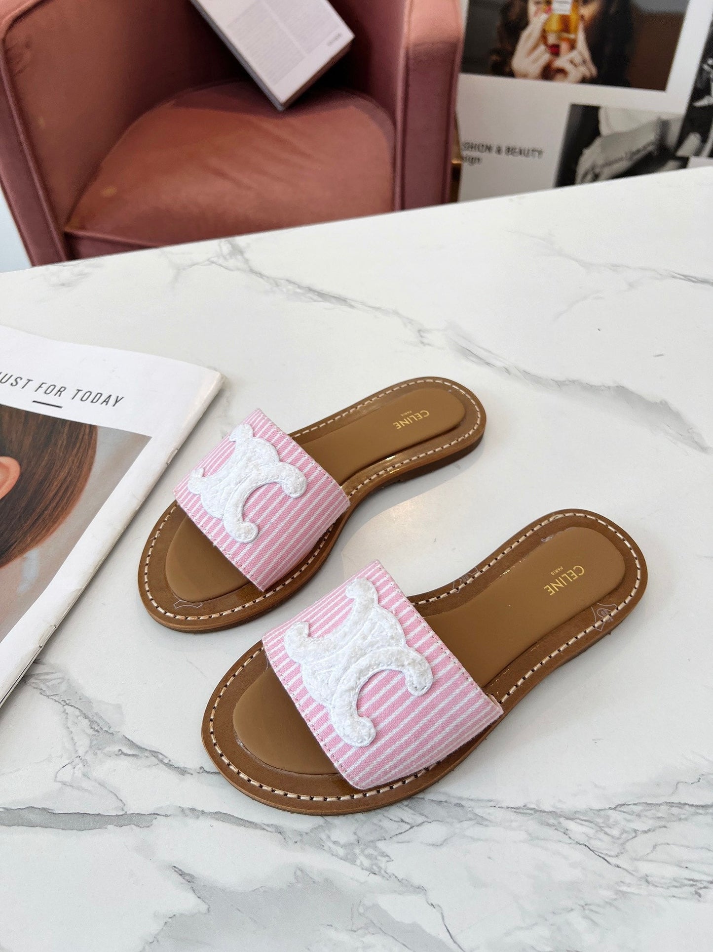 Celine Celine 25C Slippers Pink mix White Fabric with Calfskin 238164