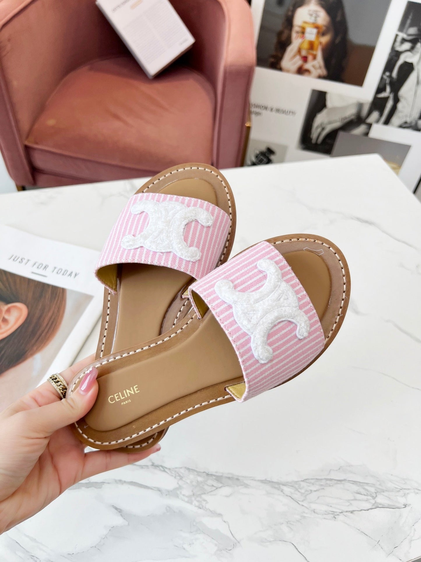 Celine Celine 25C Slippers Pink mix White Fabric with Calfskin 238164