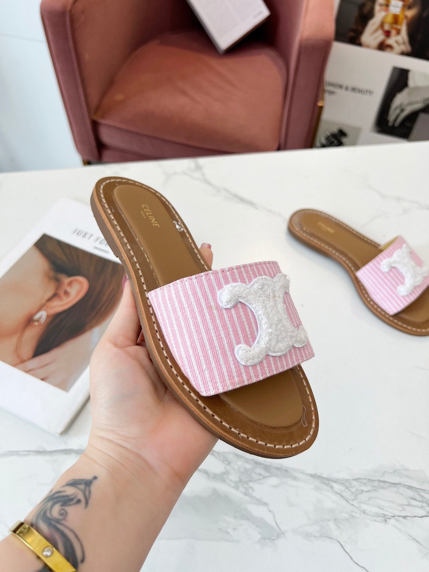 Celine Celine 25C Slippers Pink mix White Fabric with Calfskin 238164