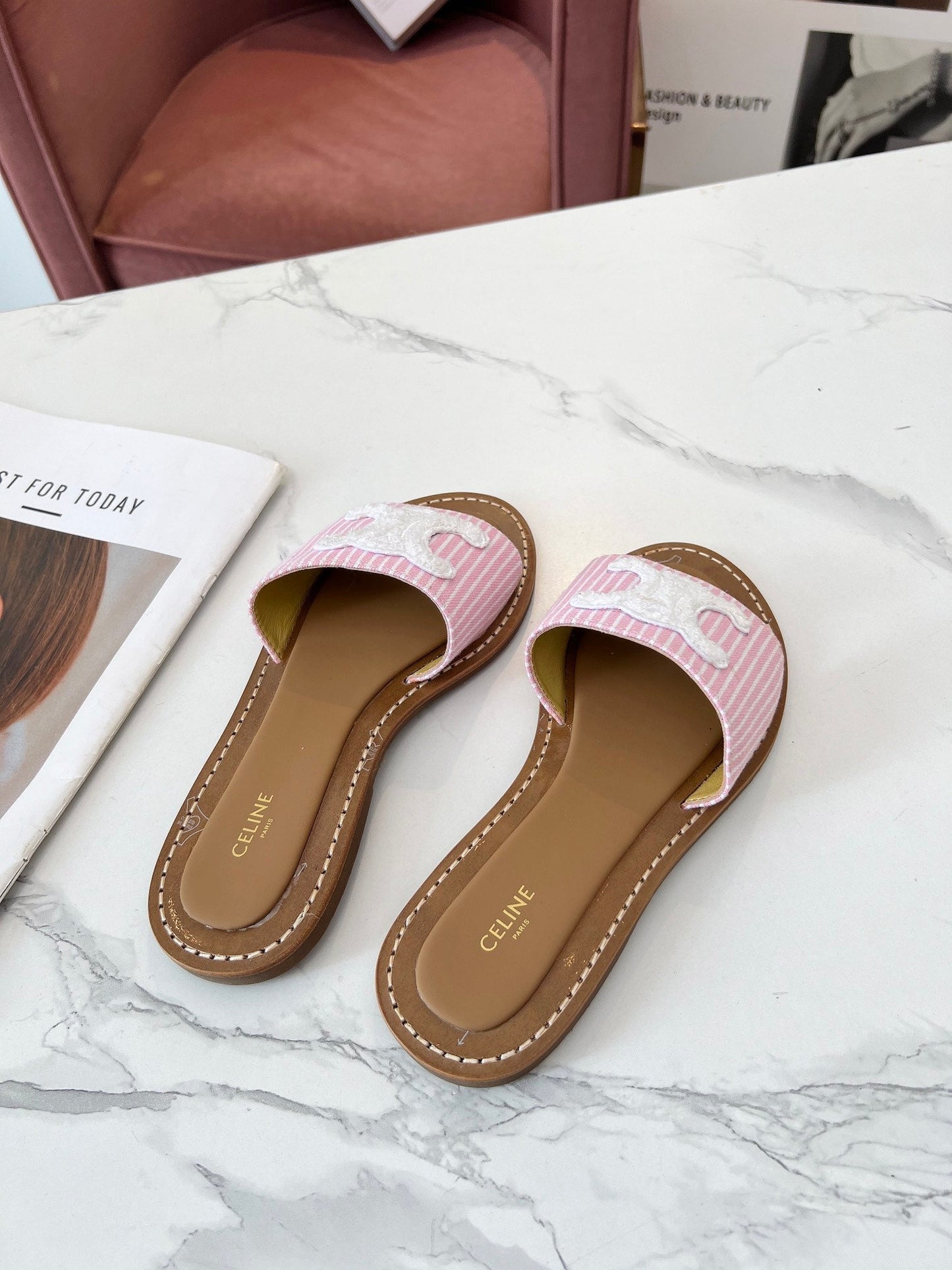 Celine Celine 25C Slippers Pink mix White Fabric with Calfskin 238164