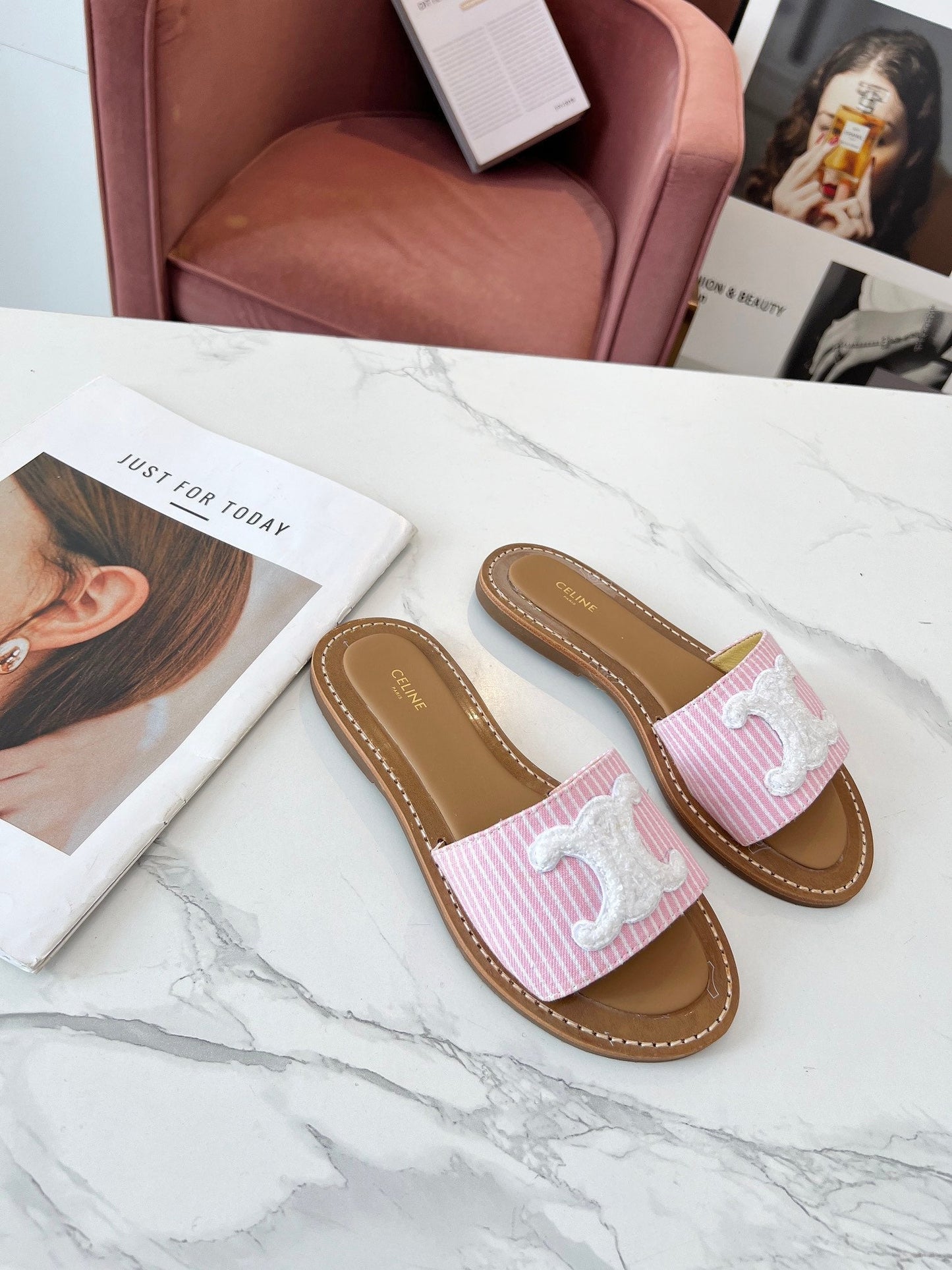 Celine Celine 25C Slippers Pink mix White Fabric with Calfskin 238164