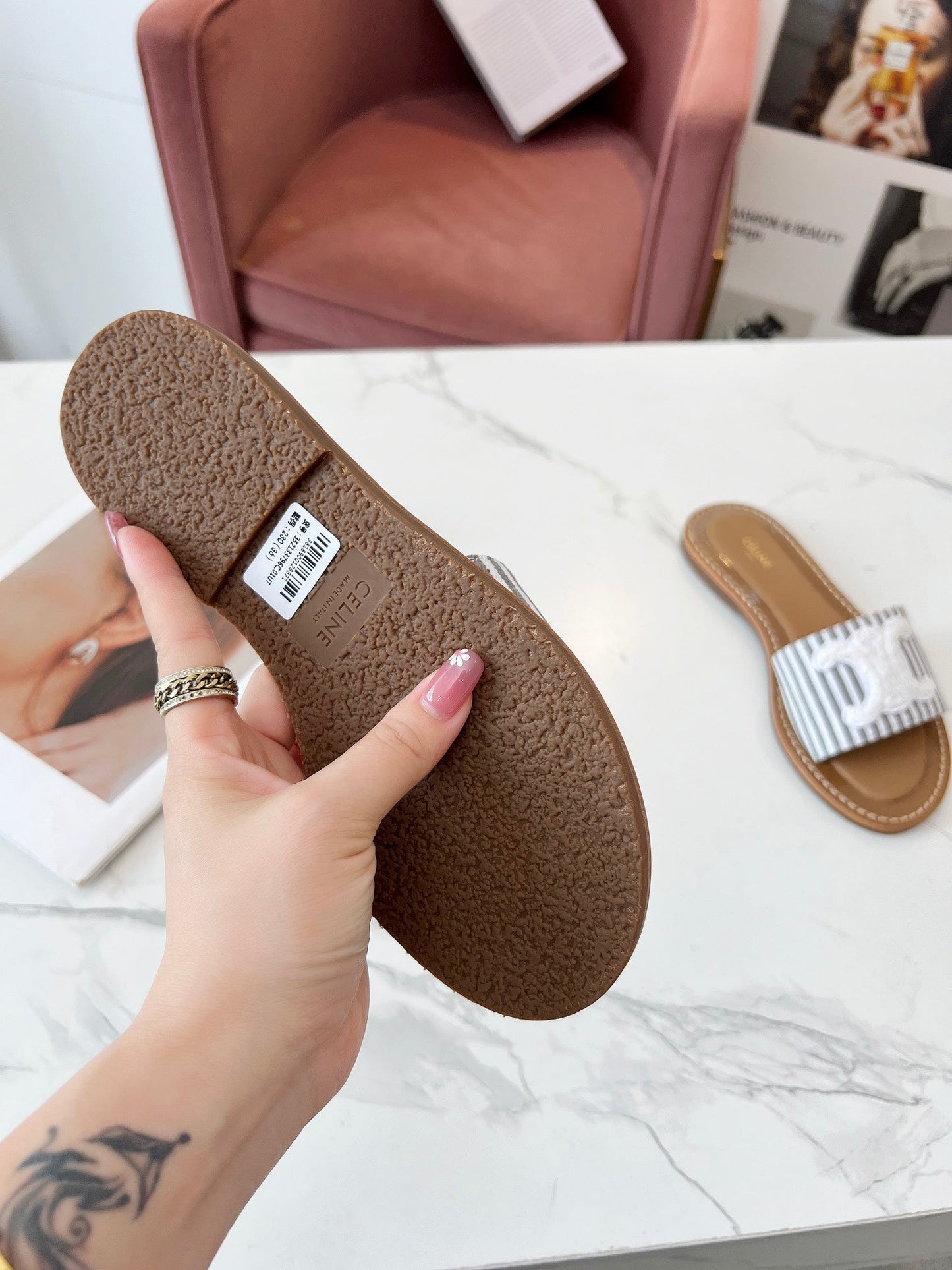 Celine Celine 25C Slippers Gray mix White Fabric with Calfskin 238171