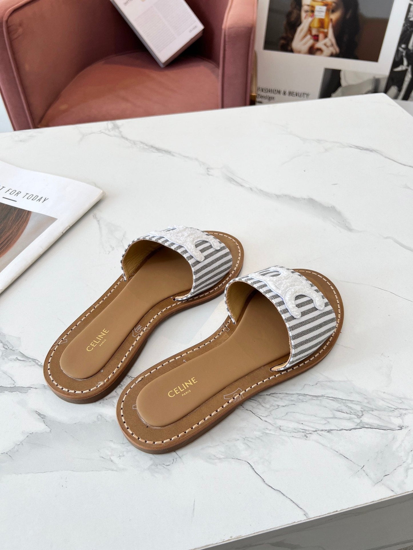 Celine Celine 25C Slippers Gray mix White Fabric with Calfskin 238171