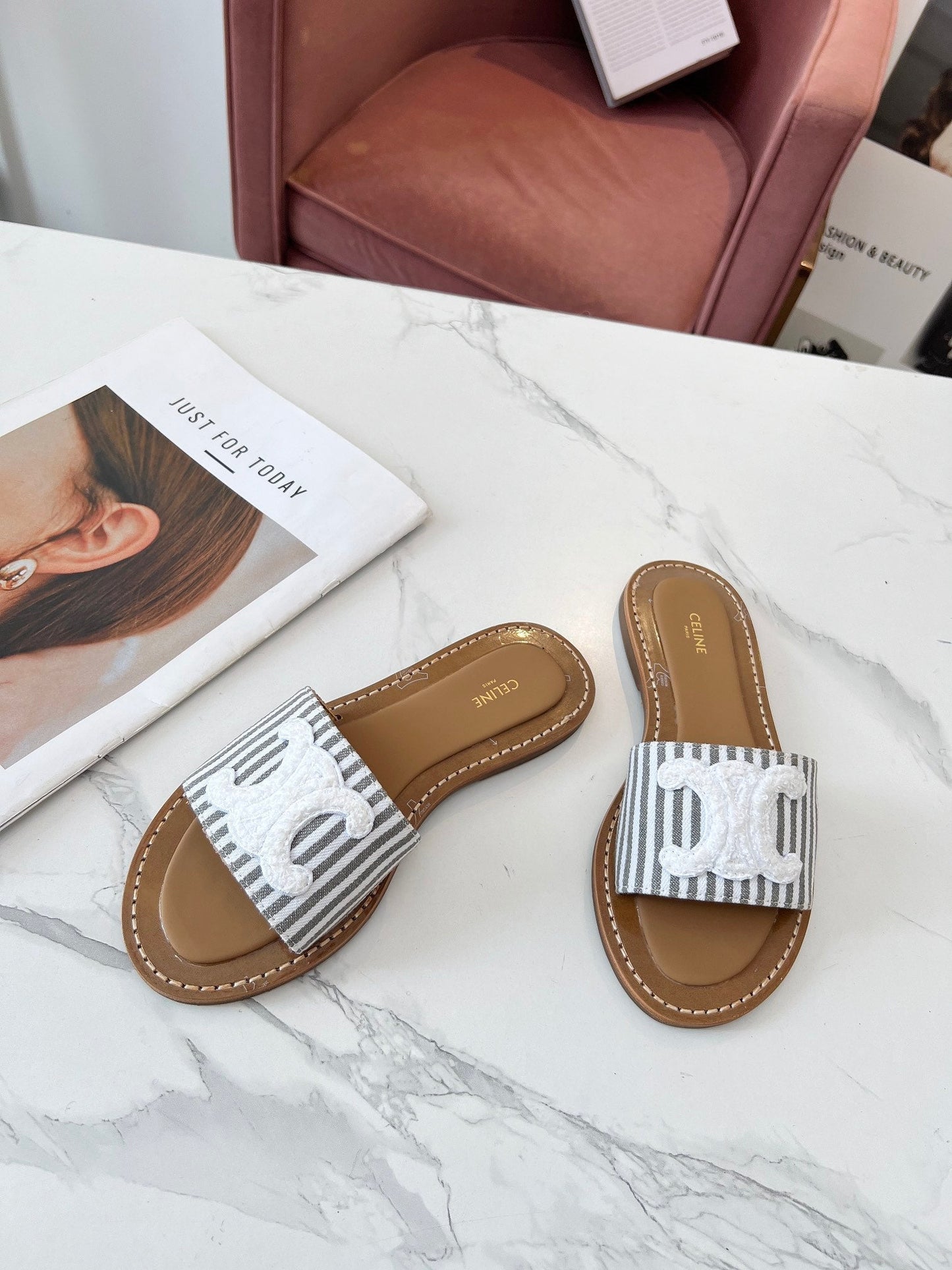 Celine Celine 25C Slippers Gray mix White Fabric with Calfskin 238171
