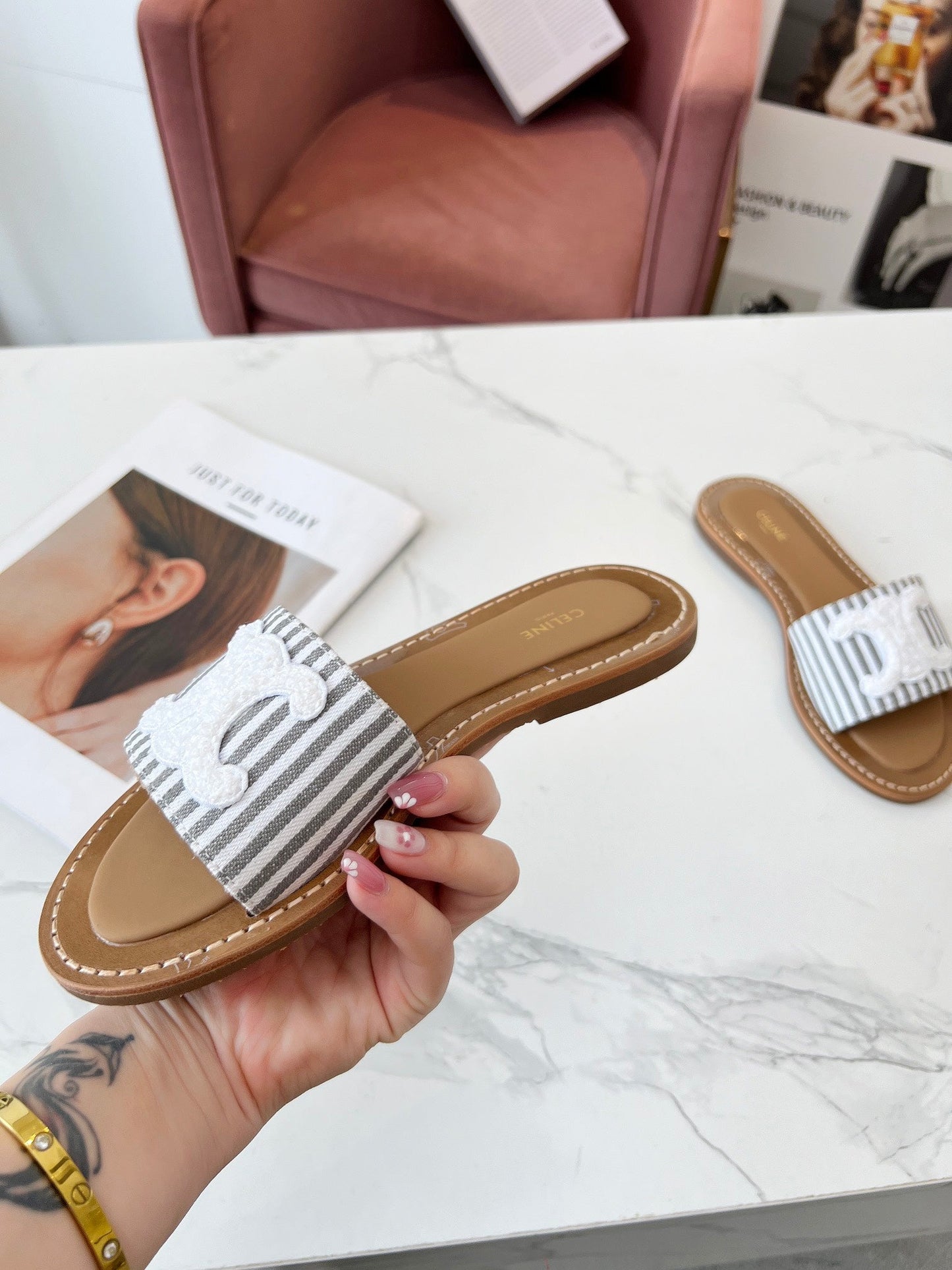 Celine Celine 25C Slippers Gray mix White Fabric with Calfskin 238171