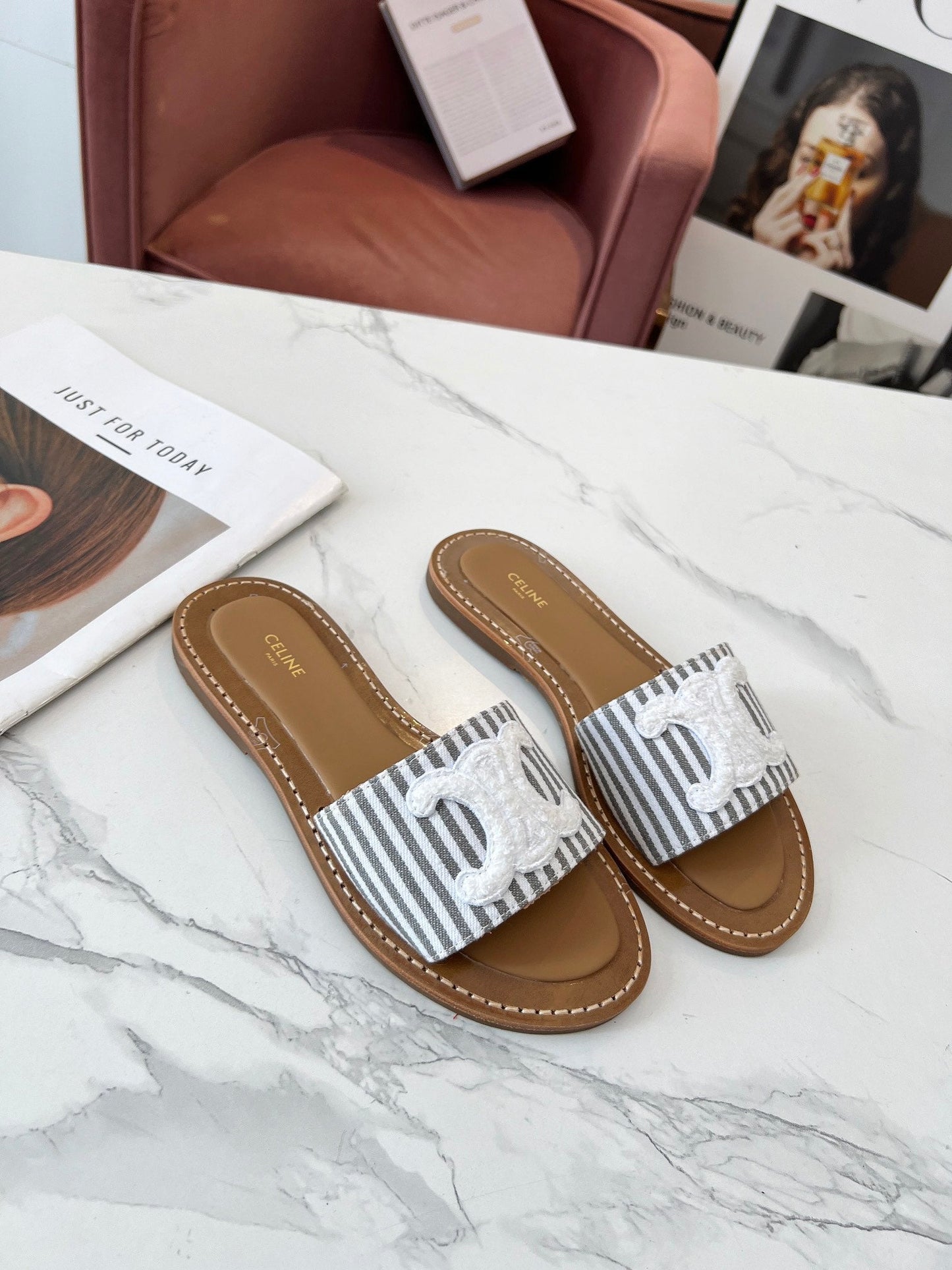 Celine Celine 25C Slippers Gray mix White Fabric with Calfskin 238171