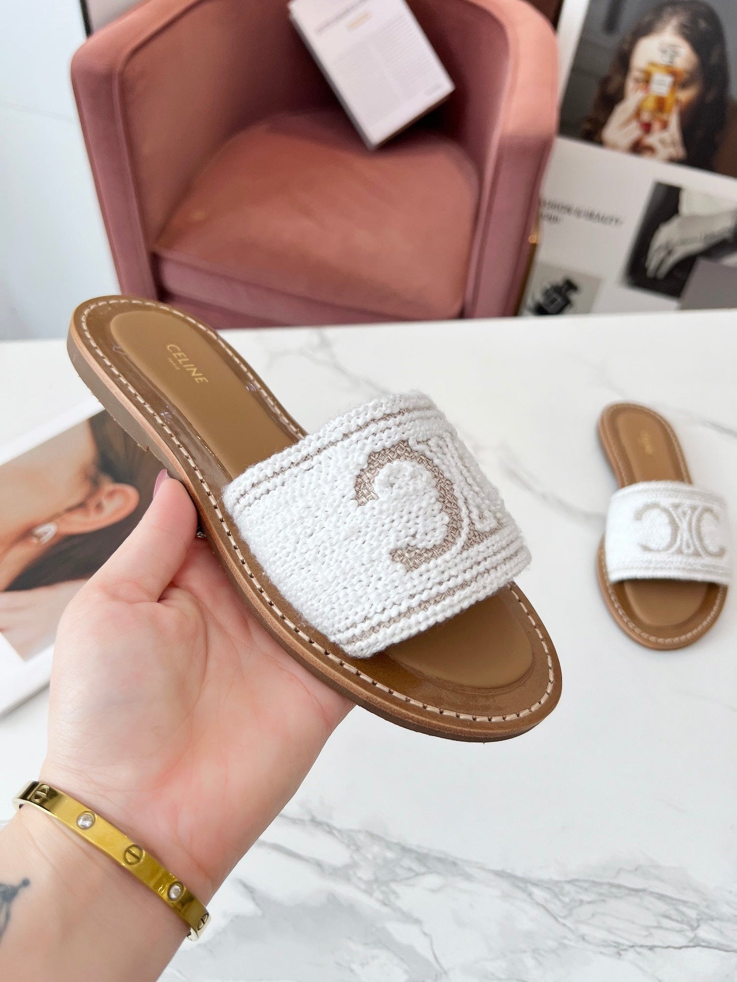 Celine Celine 25C Slippers White Fabric with Calfskin 238157