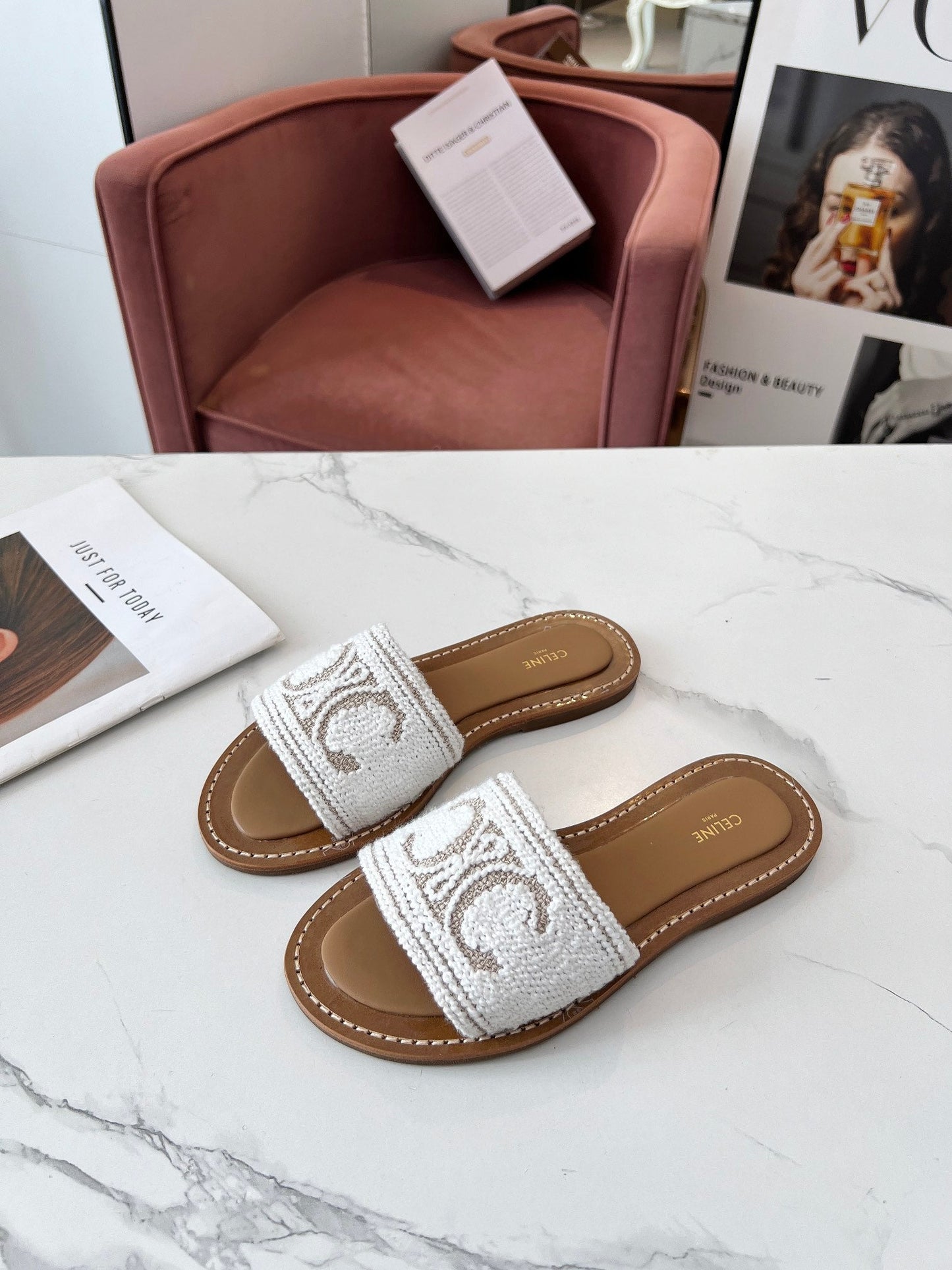 Celine Celine 25C Slippers White Fabric with Calfskin 238157