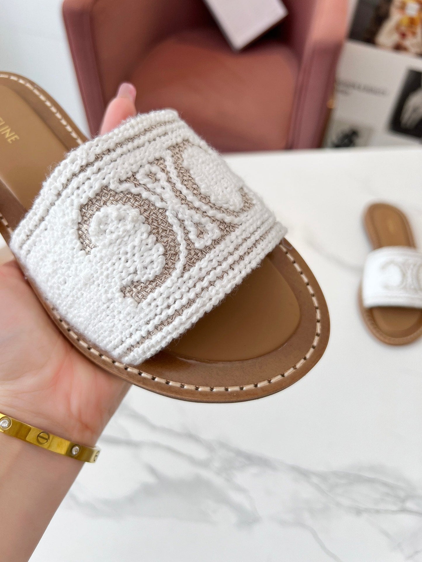 Celine Celine 25C Slippers White Fabric with Calfskin 238157