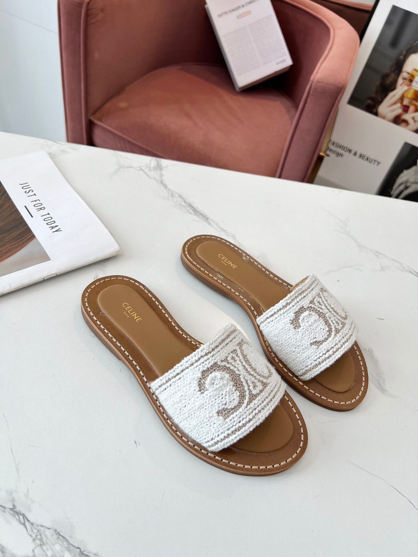Celine Celine 25C Slippers White Fabric with Calfskin 238157