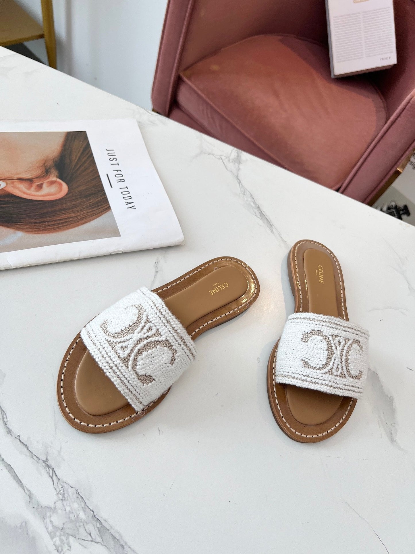 Celine Celine 25C Slippers White Fabric with Calfskin 238157