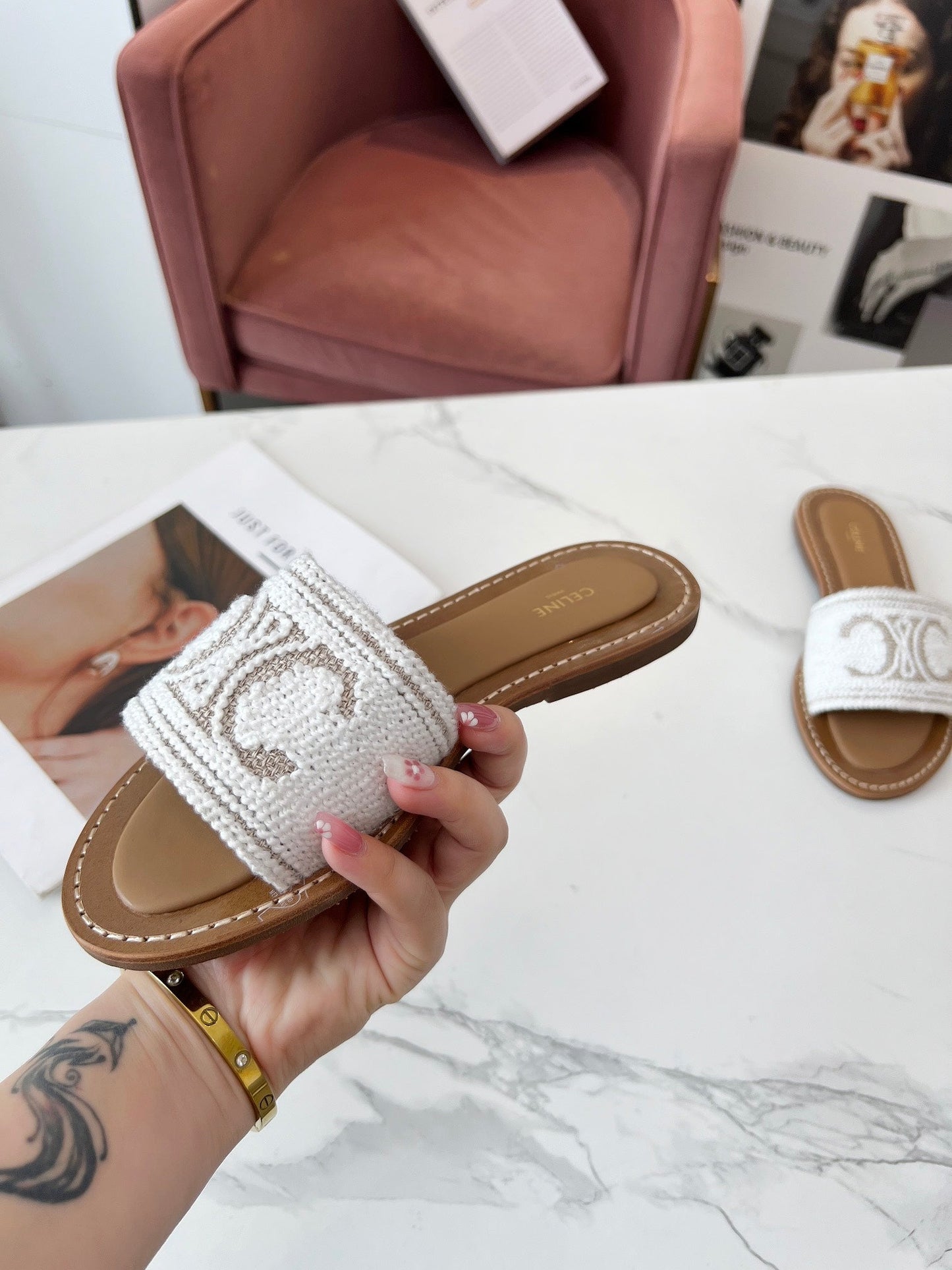Celine Celine 25C Slippers White Fabric with Calfskin 238157