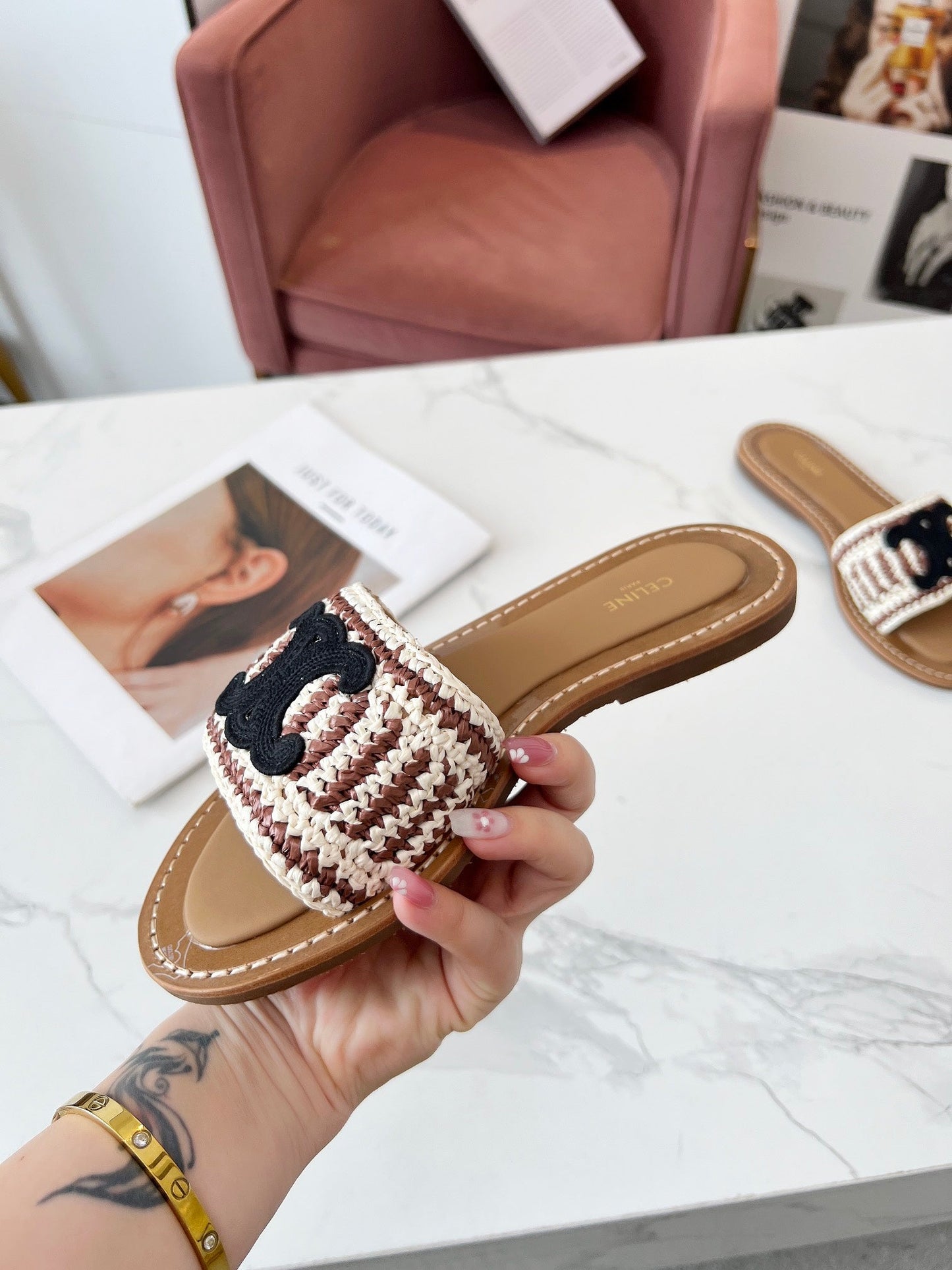 Celine Celine 25C Slippers Beige mix Black Fabric with Calfskin 238158