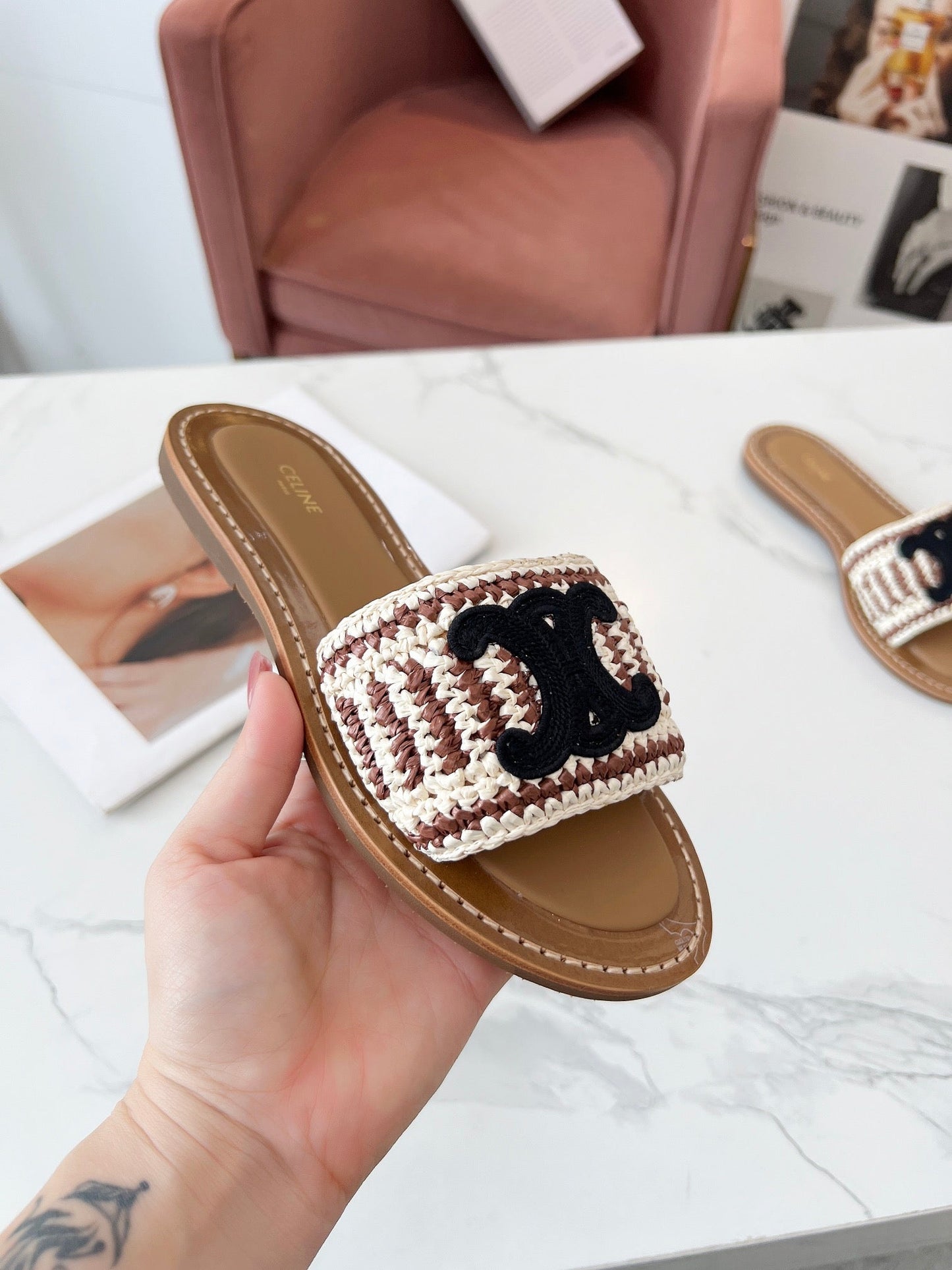 Celine Celine 25C Slippers Beige mix Black Fabric with Calfskin 238158
