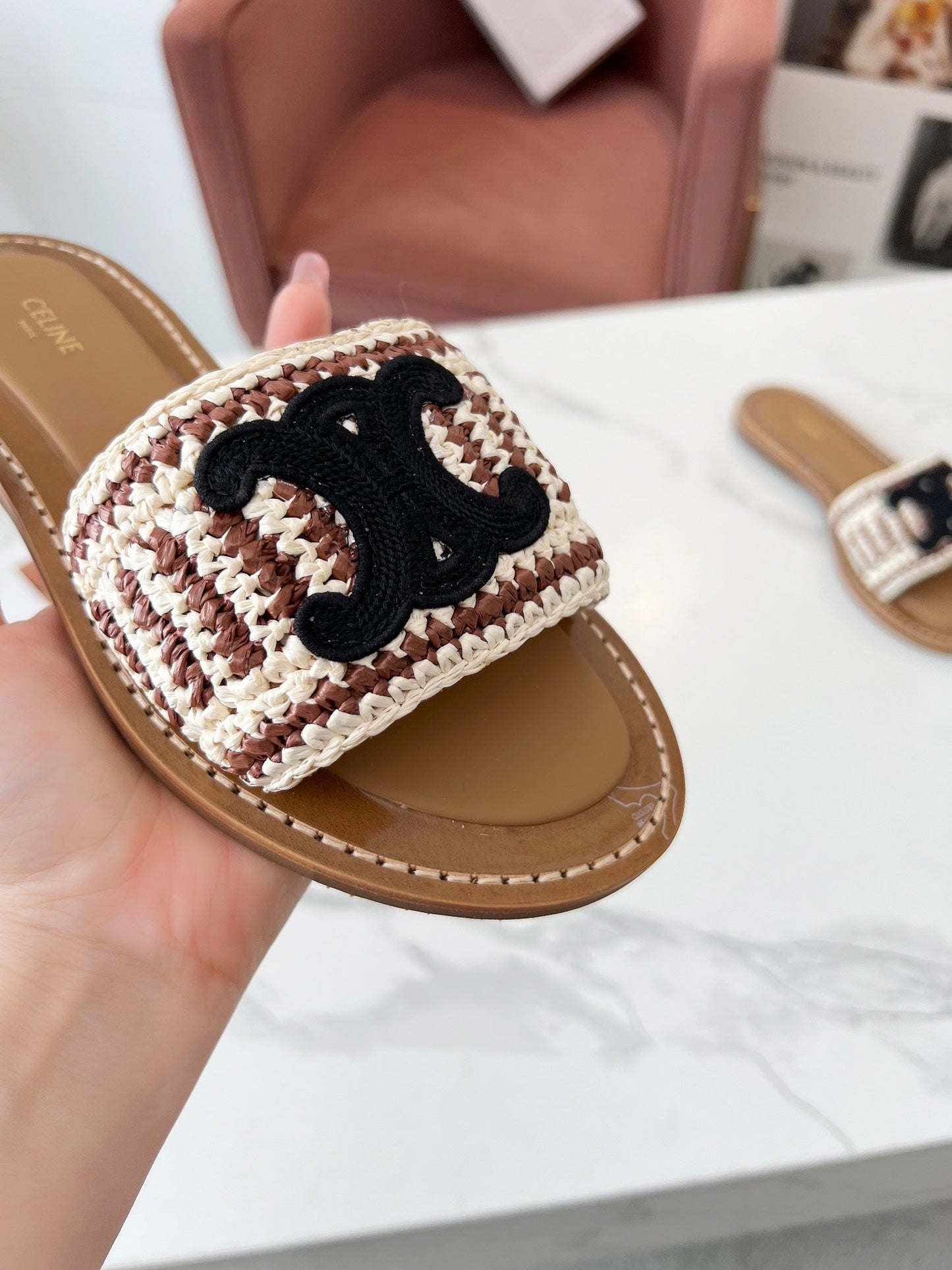 Celine Celine 25C Slippers Beige mix Black Fabric with Calfskin 238158