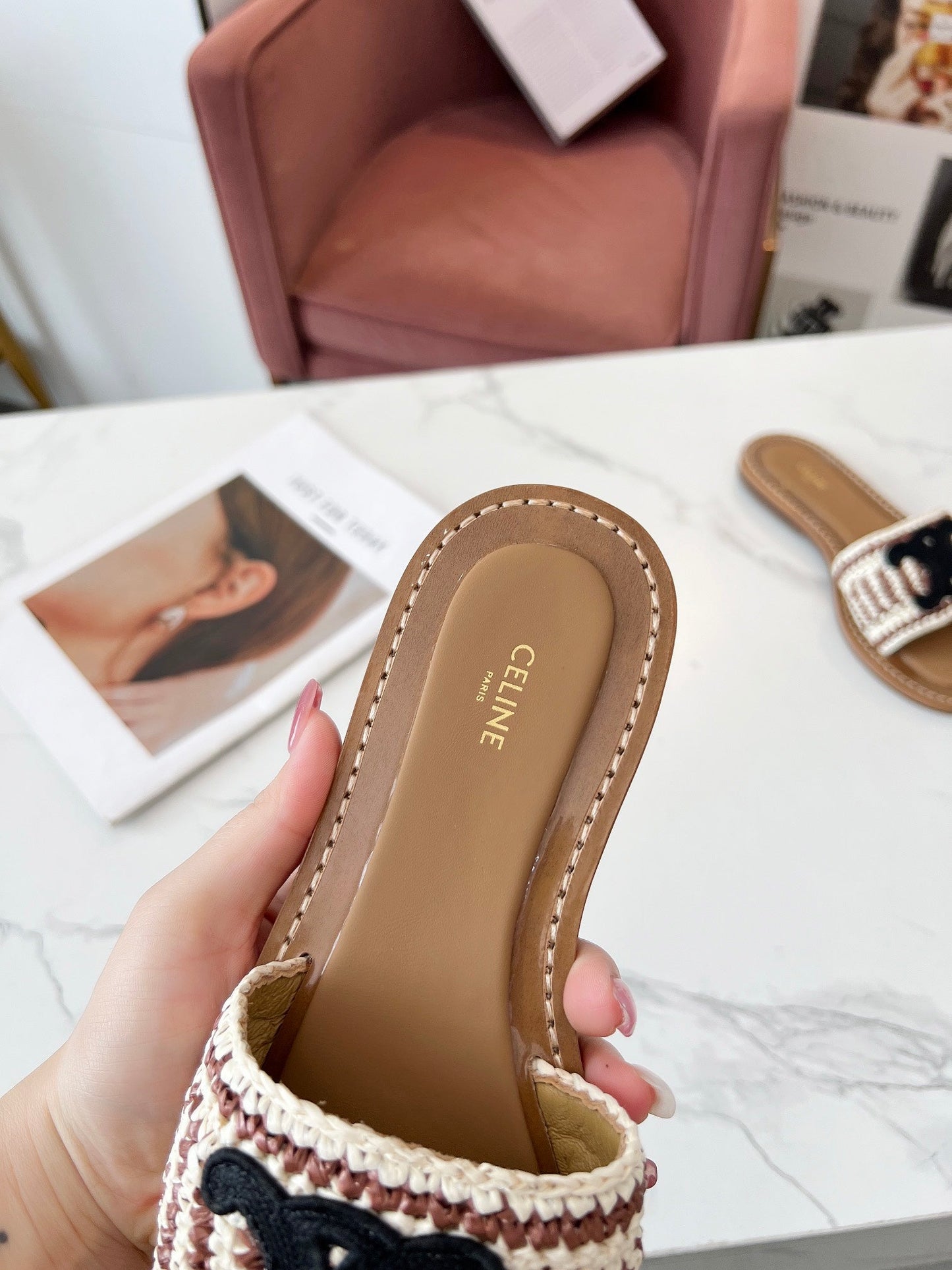 Celine Celine 25C Slippers Beige mix Black Fabric with Calfskin 238158