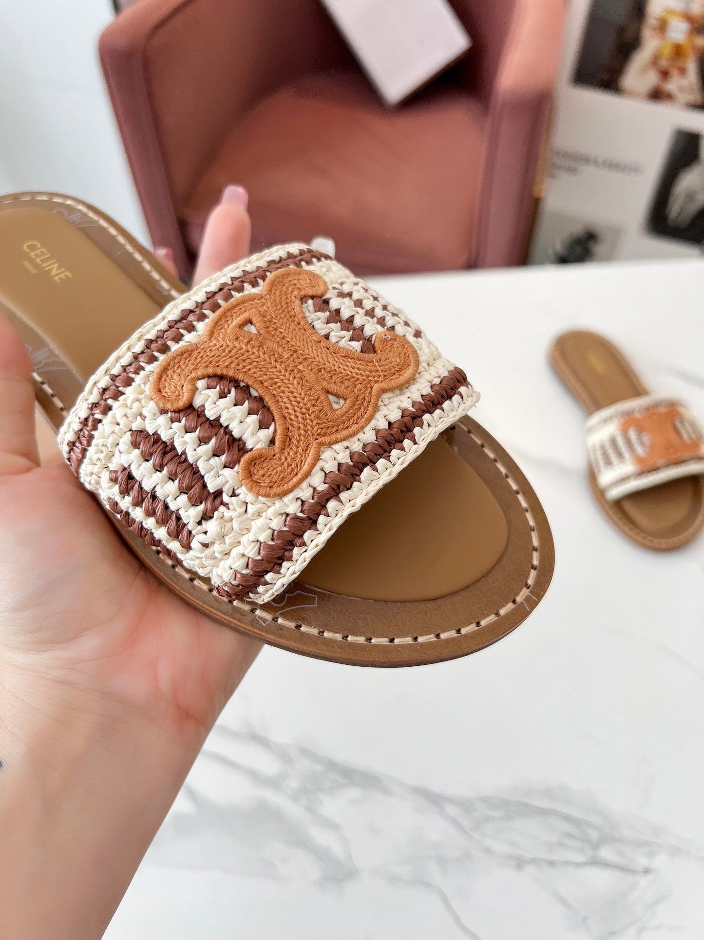Celine Celine 25C Slippers Beige mix Cantaloupe Fabric with Calfskin 238159