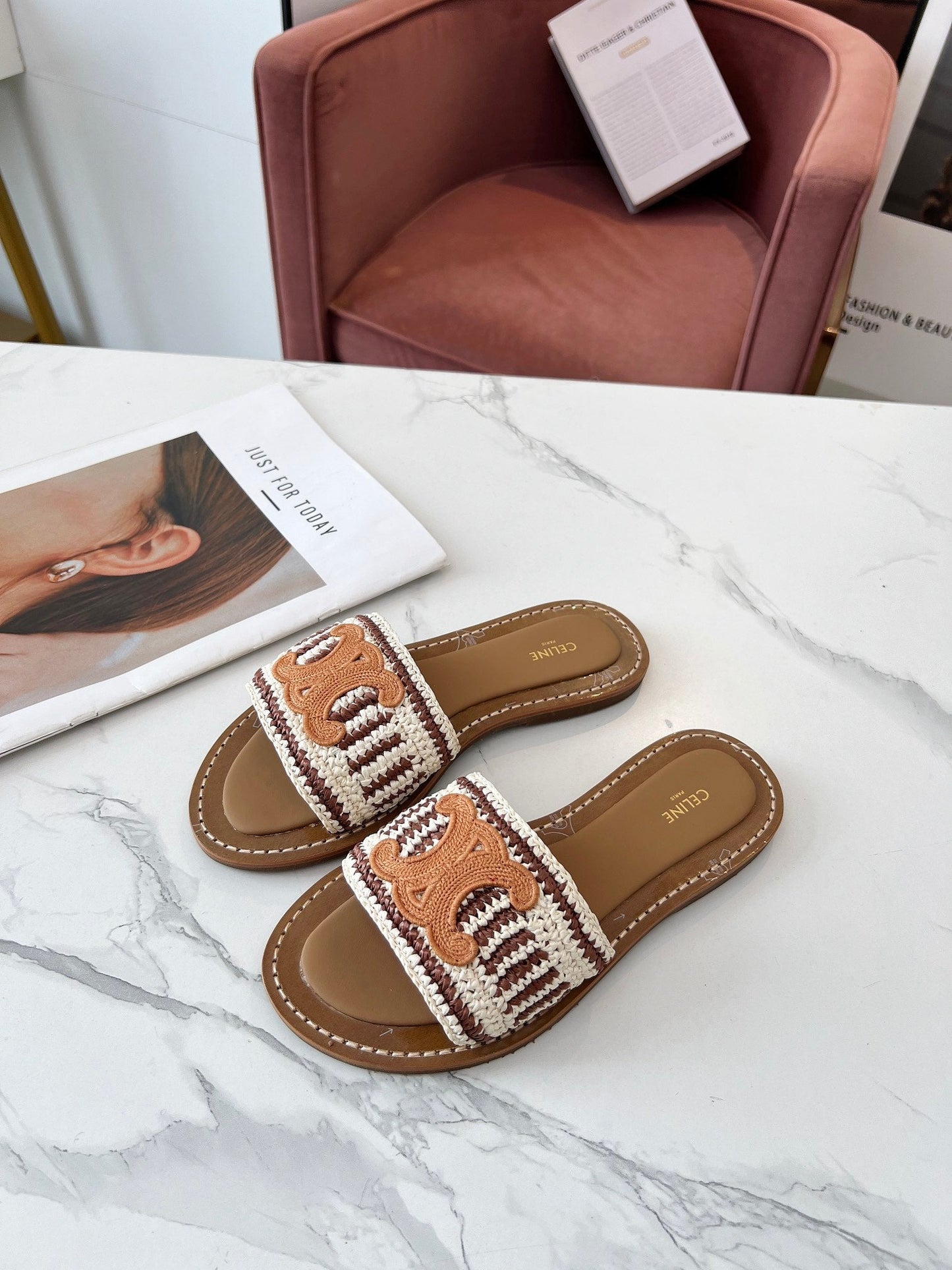 Celine Celine 25C Slippers Beige mix Cantaloupe Fabric with Calfskin 238159