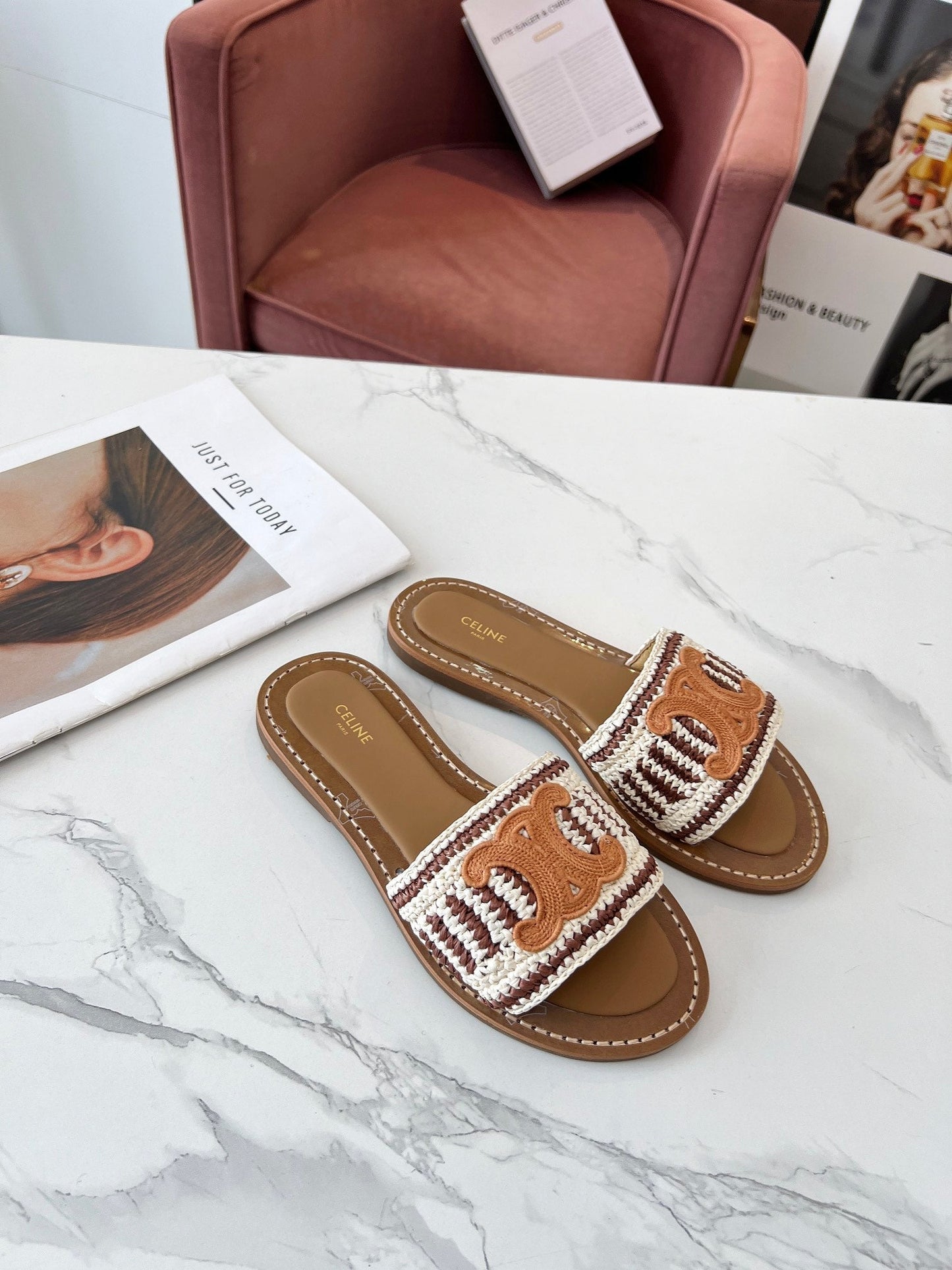 Celine Celine 25C Slippers Beige mix Cantaloupe Fabric with Calfskin 238159