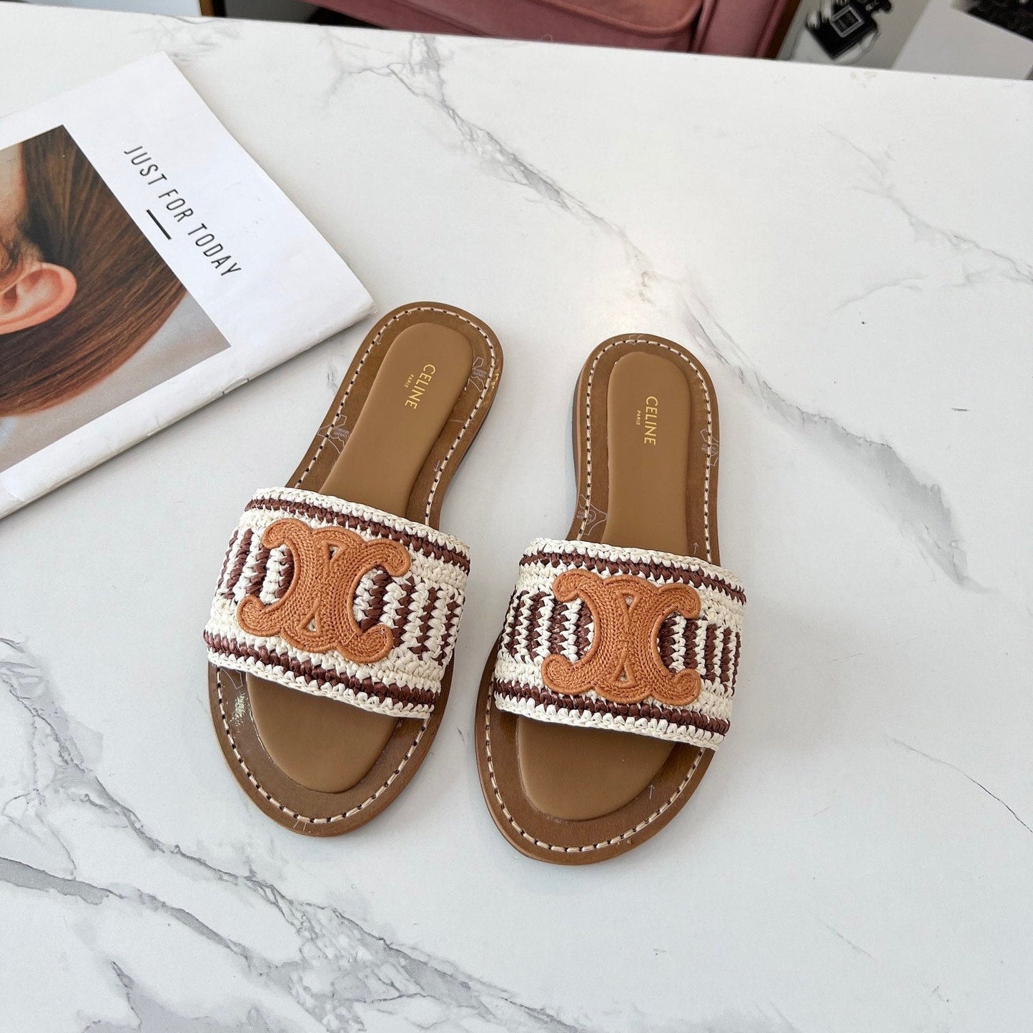 Celine Celine 25C Slippers Beige mix Cantaloupe Fabric with Calfskin 238159