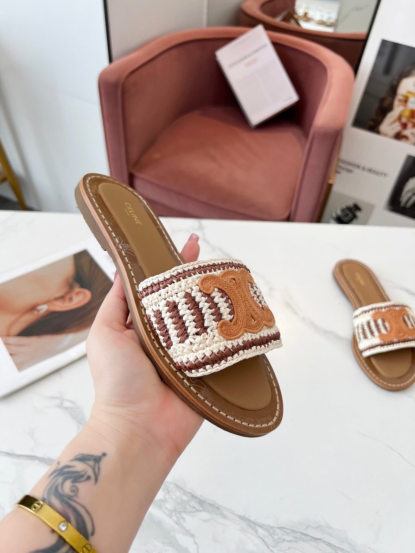 Celine Celine 25C Slippers Beige mix Cantaloupe Fabric with Calfskin 238159