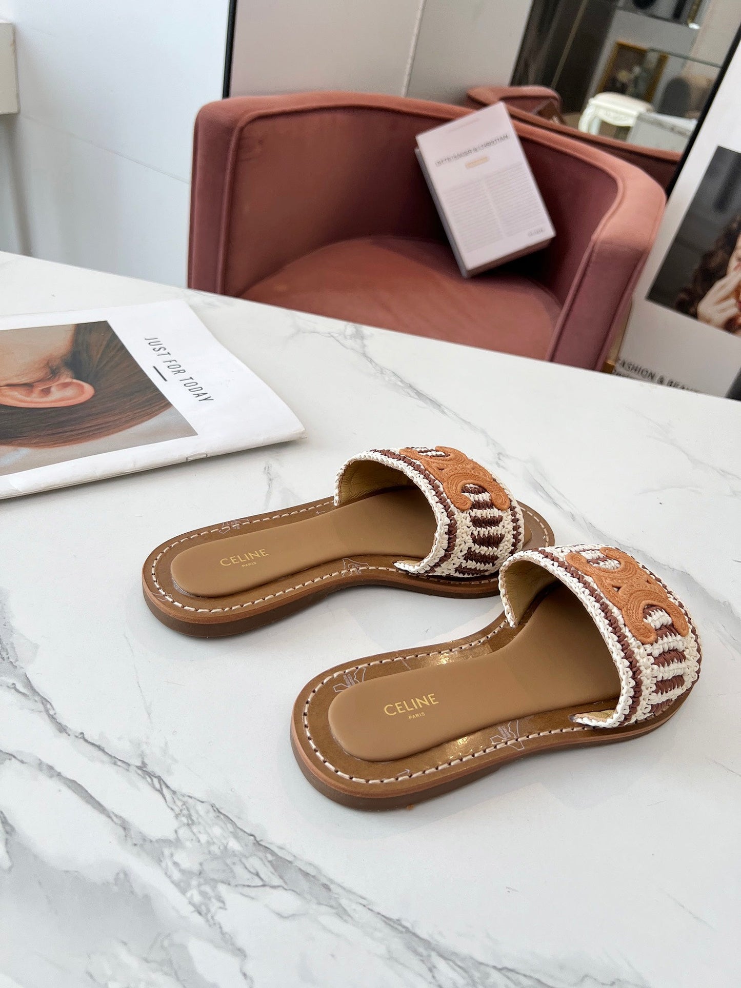 Celine Celine 25C Slippers Beige mix Cantaloupe Fabric with Calfskin 238159