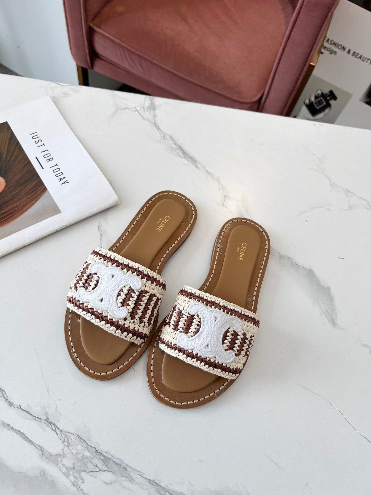 Celine Celine 25C Slippers Beige mix Brown Fabric with Calfskin 238160